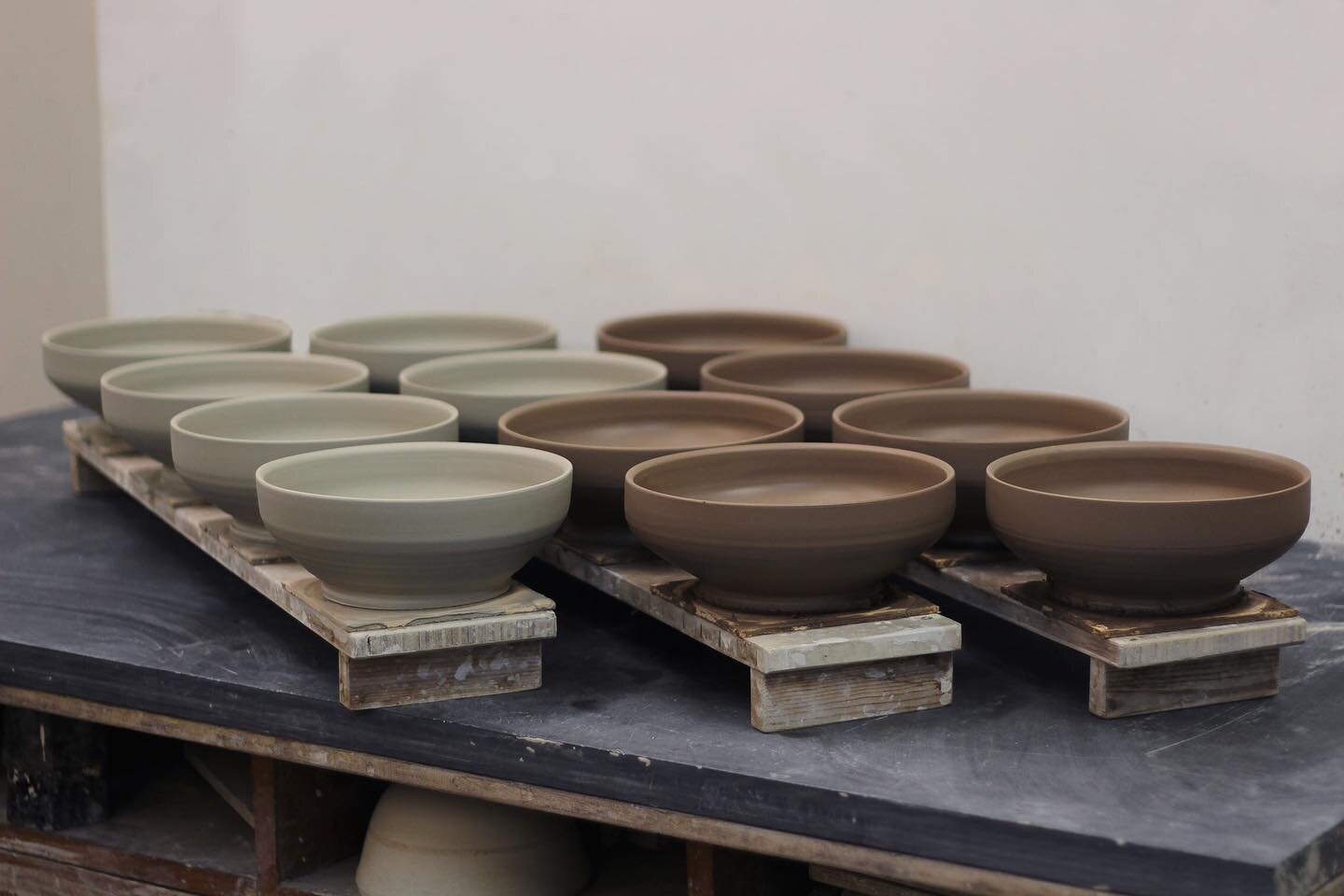 Freshly thrown shallow bowls, these are now turned, finished and are set aside to dry slowly before heading to the kiln for first firing.
I changed the design slightly to accommodate a slightly taller foot ring. It&rsquo;s not a huge change but somet