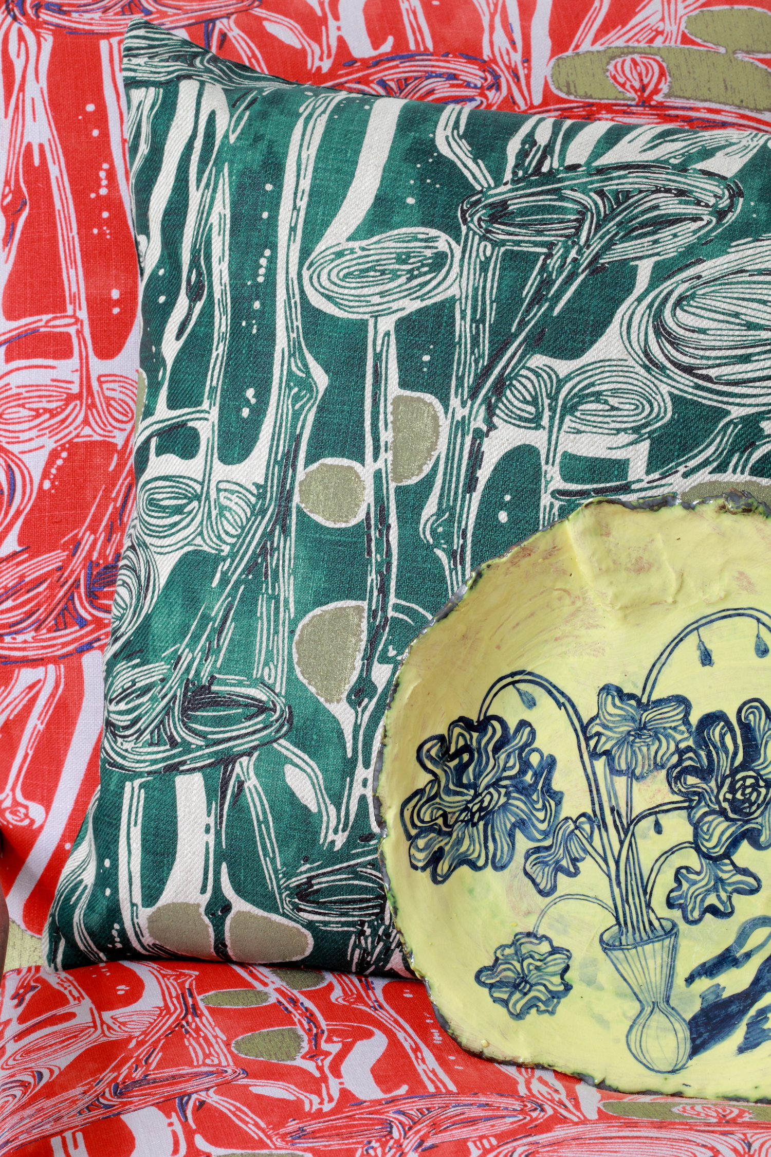  Waterlilies by Ruan Hoffmann with Louis Boshoff, colourways Ruby Grapefruit and Blue Moss / MOMAT artists' textiles 