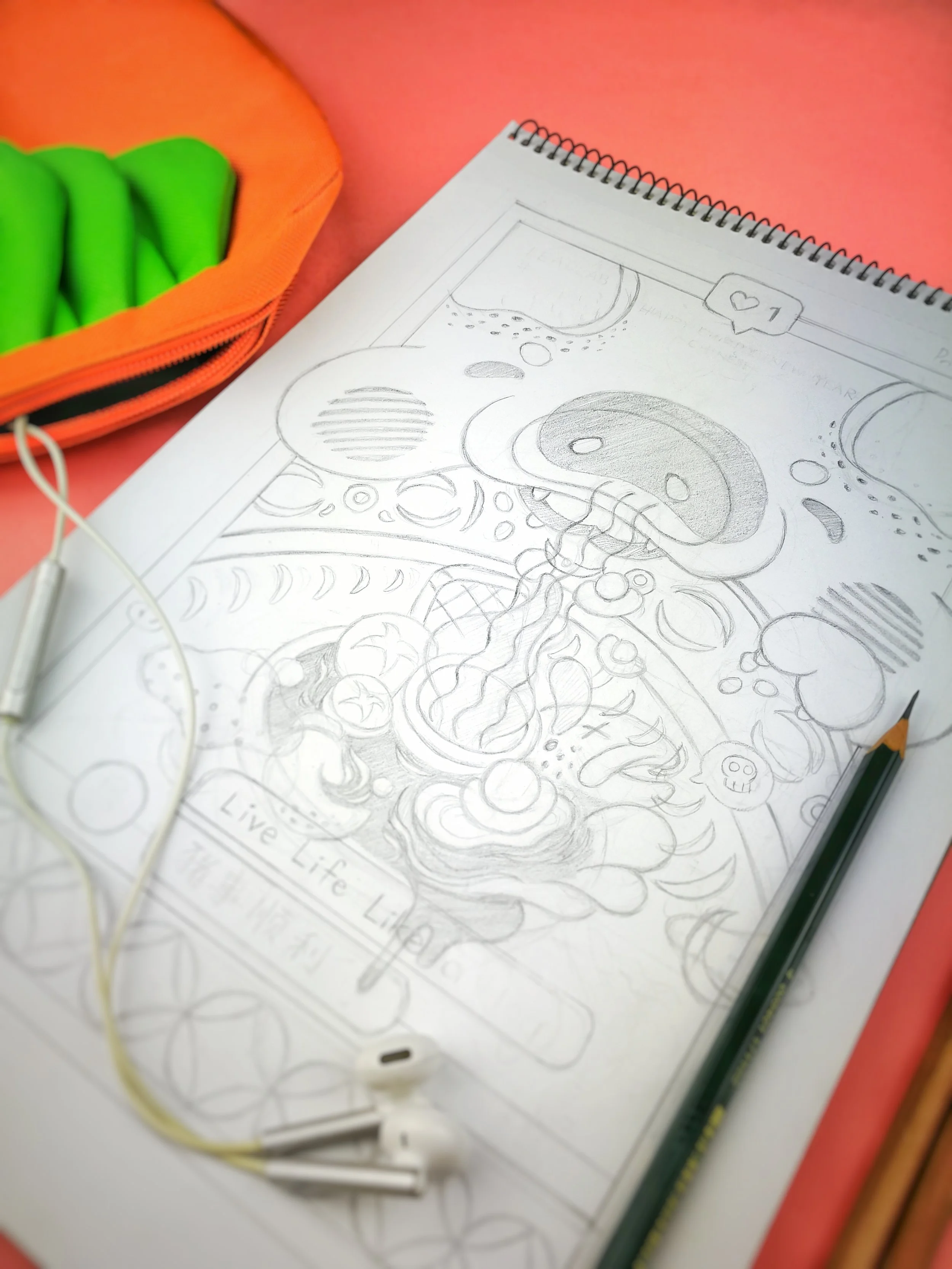 The initial sketch features a lot more detail, which we stripped away as they would be too cluttered when printed.