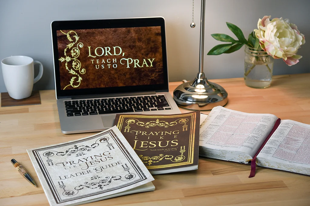 a photograph of both leader workbook and the regular workbook together, with a laptop in the background with the PLJ website. this caption can be removed.