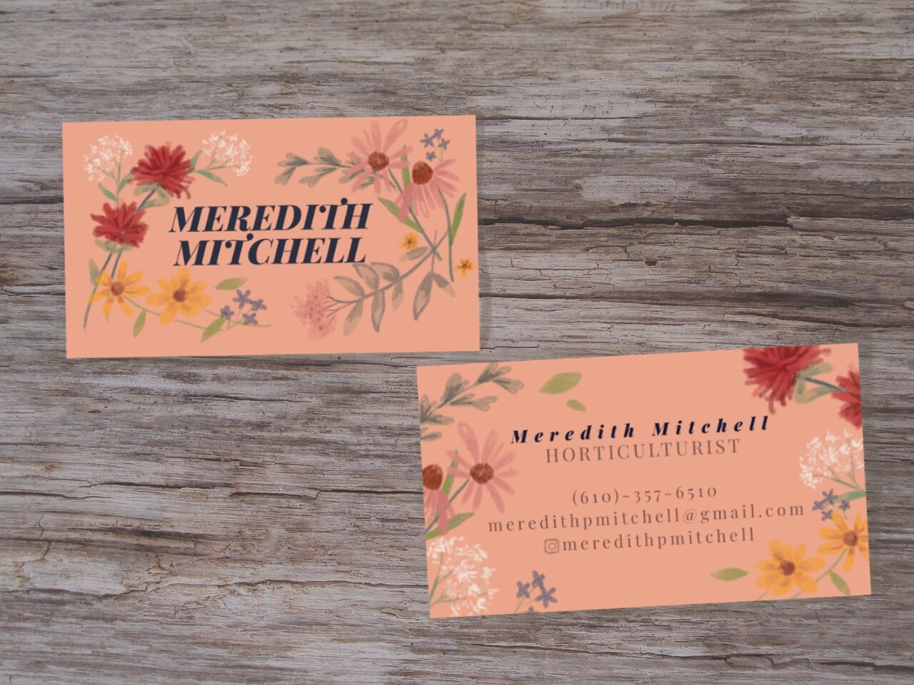 Business card design for Meredith Mitchell, Horticulturist, incorporating native meadow flora with bold text.