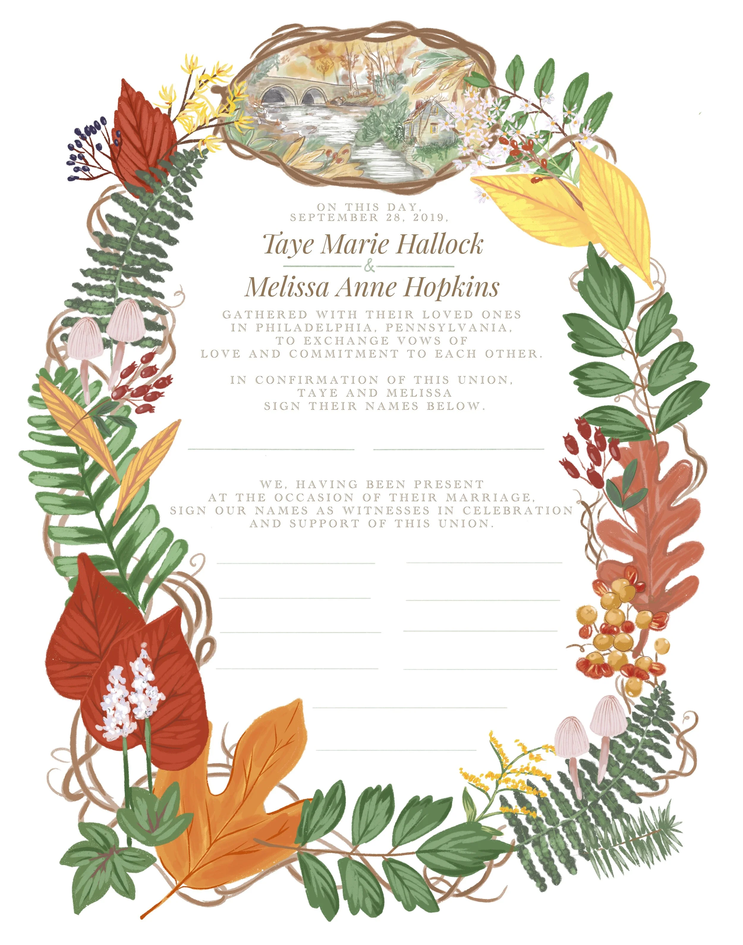 Completely custom self-uniting wedding certificate design for a Philadelphia based couple, featuring local flora from the Wissahickon Valley, as well as beloved landmarks from the park. 