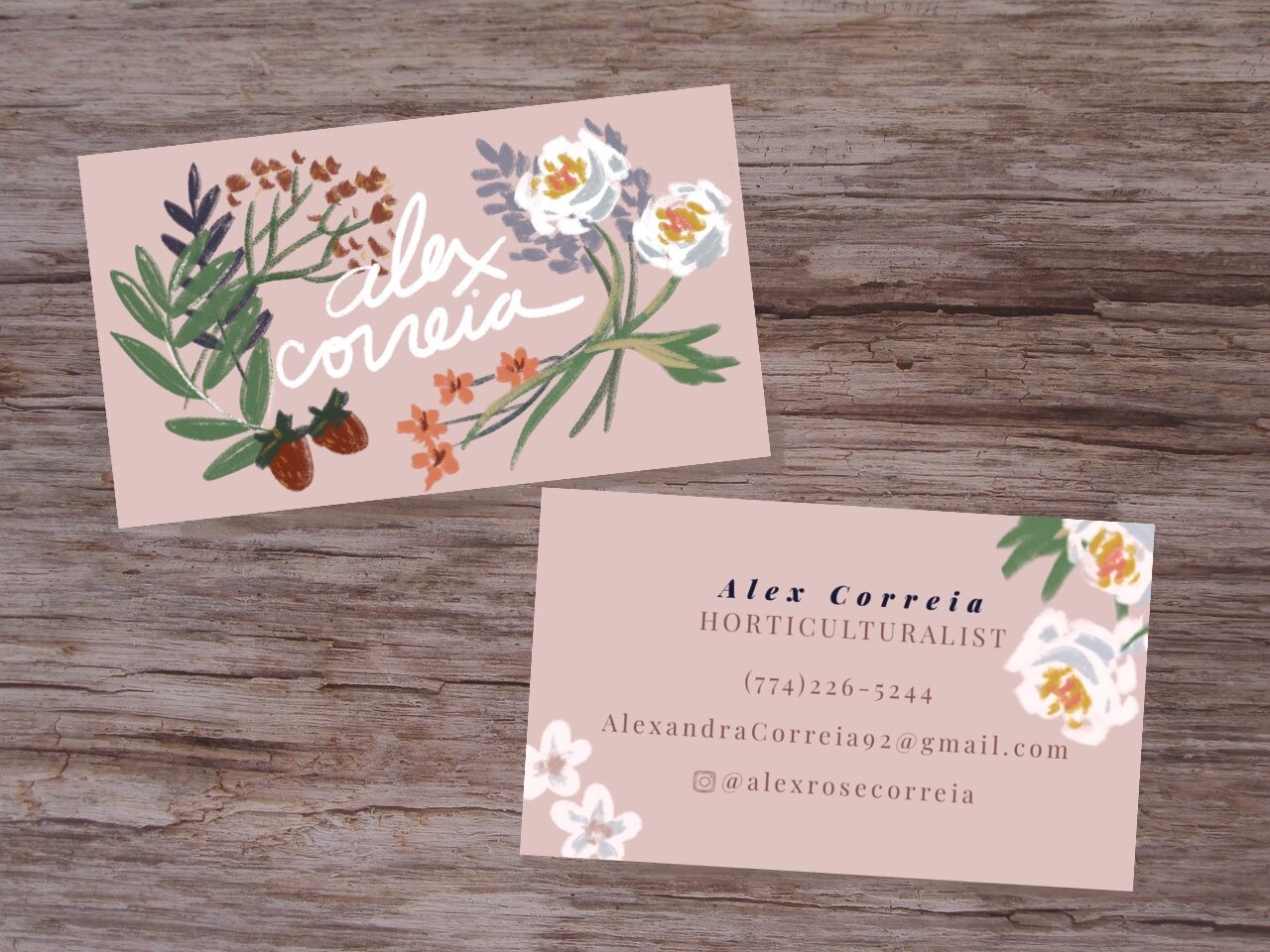 Custom business card design for a horticulturalist, featuring a handwritten font and a wide range of fruit and flora.