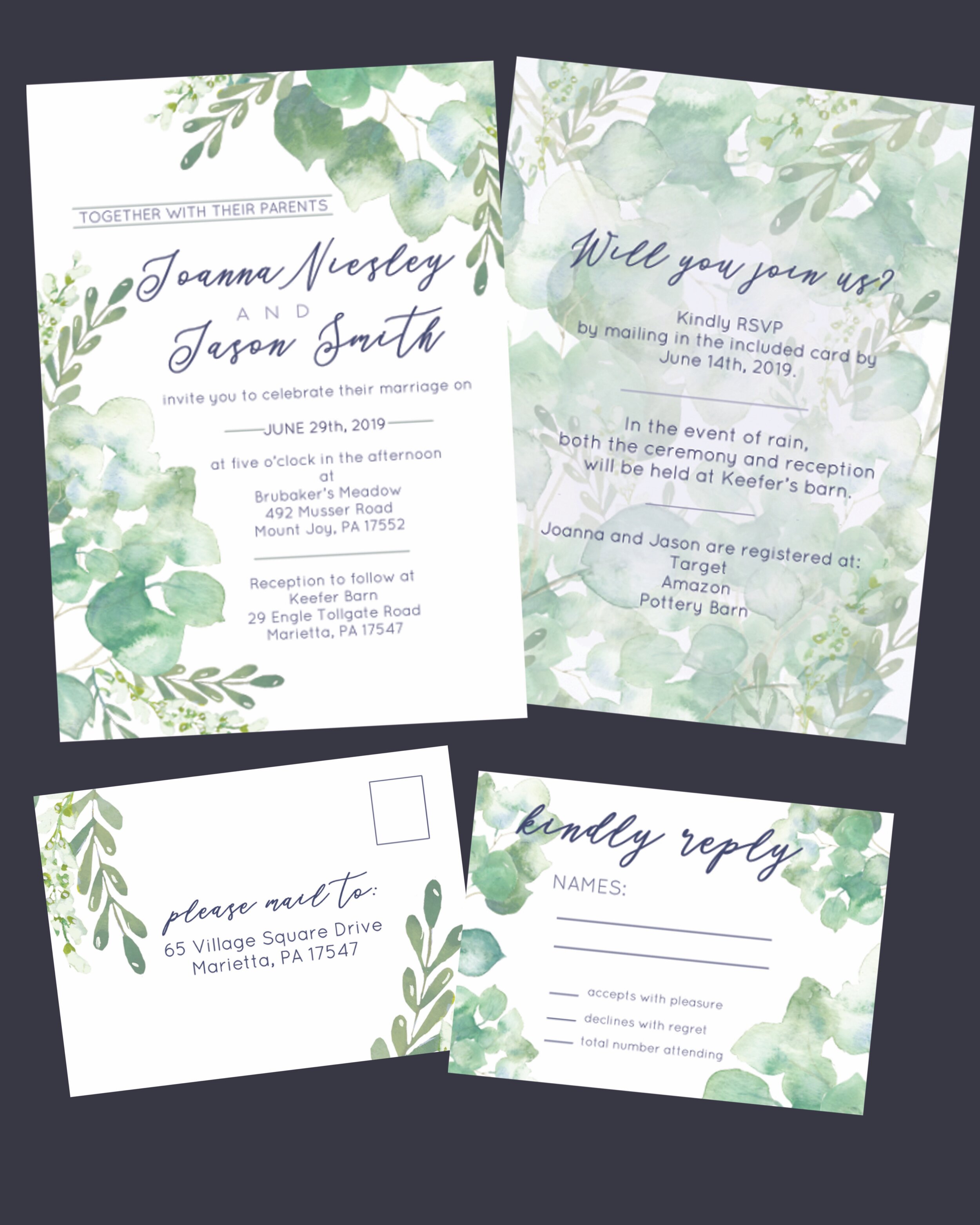 Custom Wedding invitation suite, including RSVP card + invite front and back.