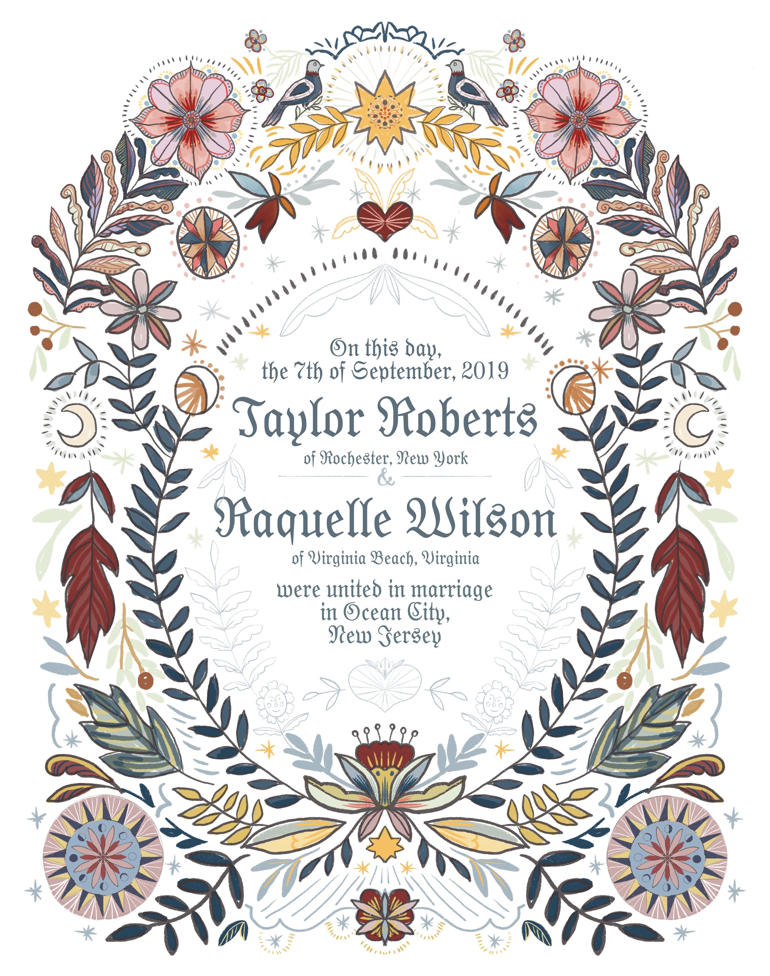  Custom marriage “certificate”, featuring folk art / Pennsylvania Dutch inspired designs.   This image is available as a template for future projects.  