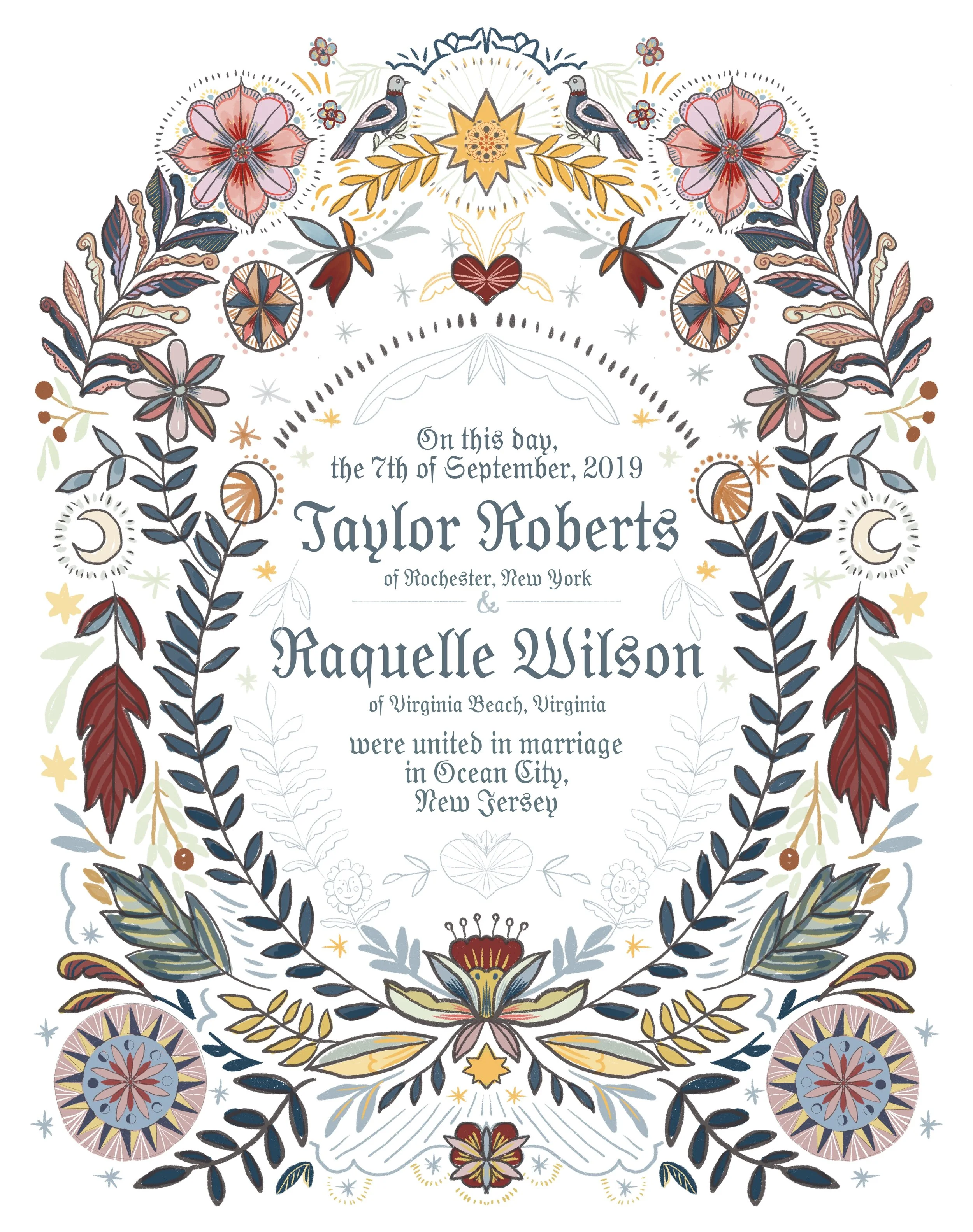 Custom marriage “certificate”, featuring folk art / Pennsylvania Dutch inspired designs. This image is available as a template for future projects.