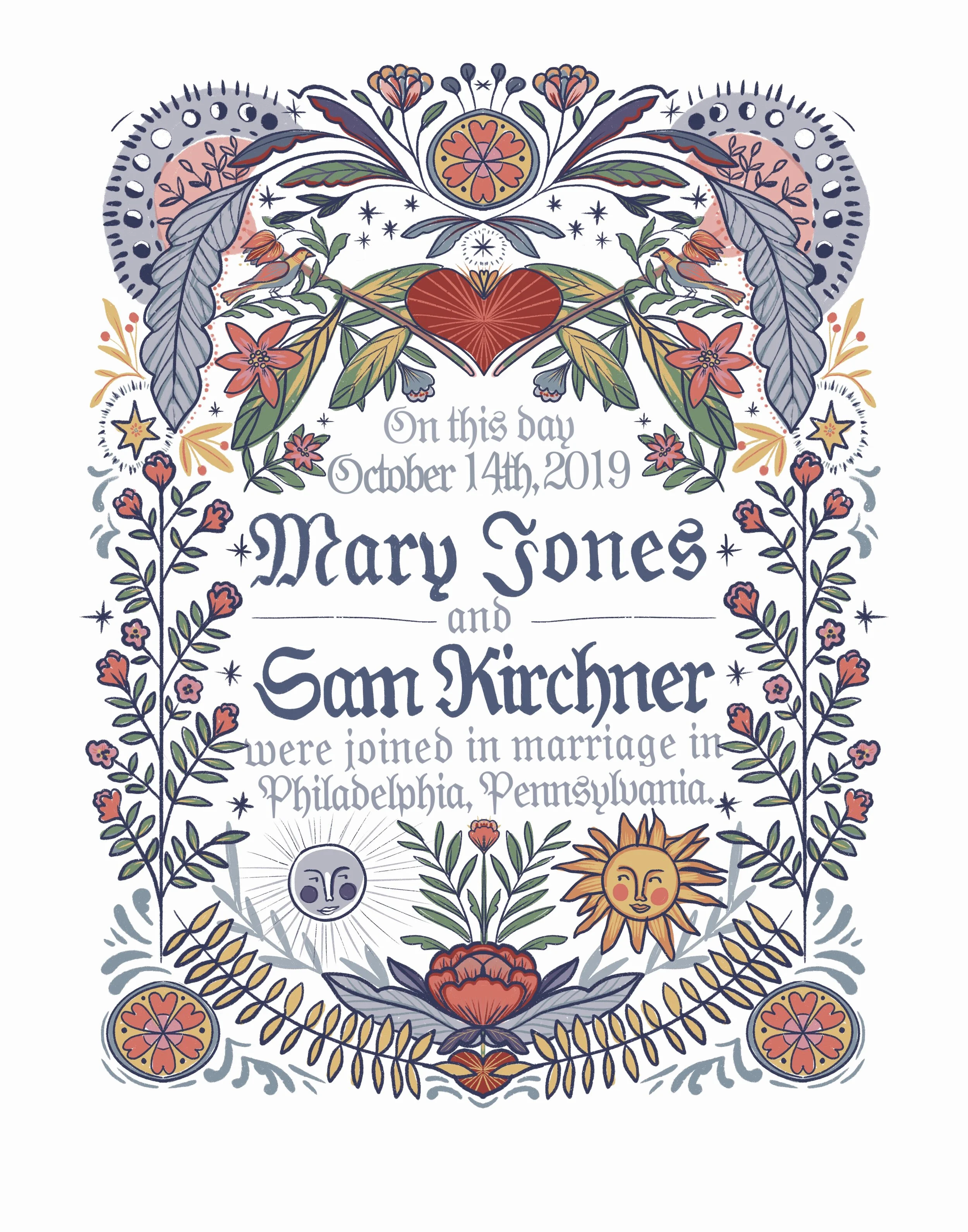 Fraktur inspired wedding certificate featuring a sun and moon. This image is available as a template for future projects.