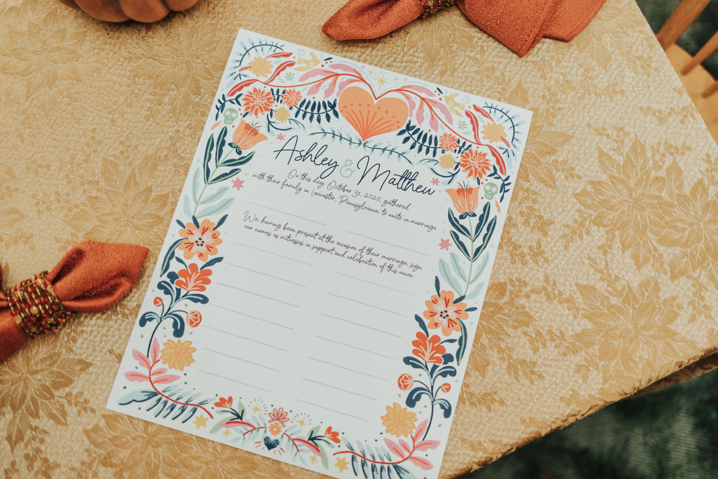  Completely custom wedding certificate. The couple wanted to tie in their respective ancestry (Mexican and Pennsylvania Dutch). Photography by   Margarita Photography  . 