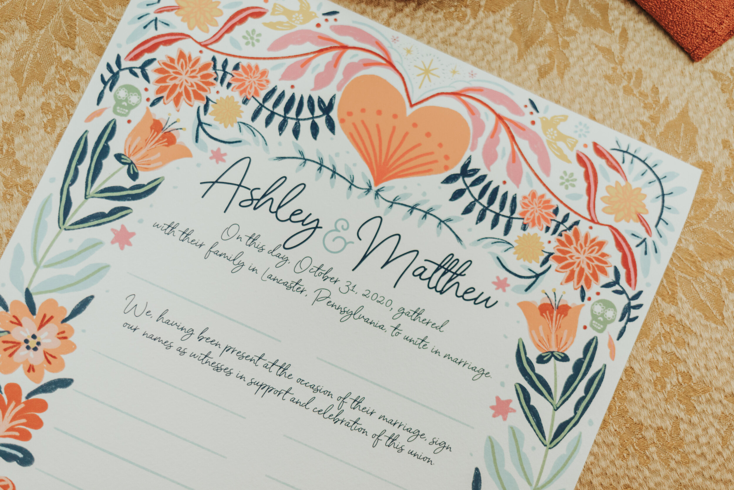  Completely custom wedding certificate, with imagery tying together the couple’s respective ancestries (Mexican and Pennsylvania Dutch). Photography by   Margarita Photography  . 