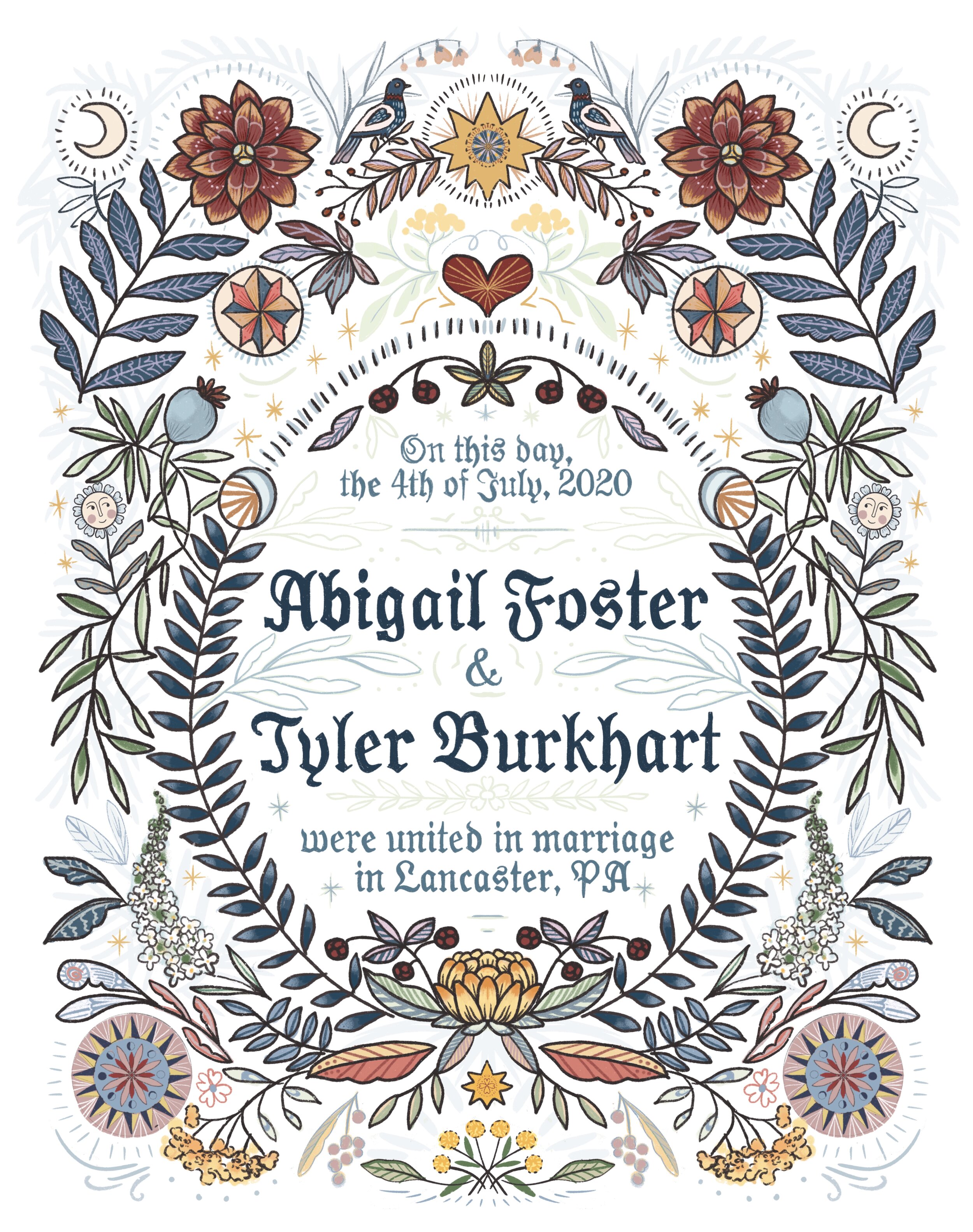 This wedding certificate is based on a pre-existing template, but is updated to include floral elements from the couple's reception and bouquets. 