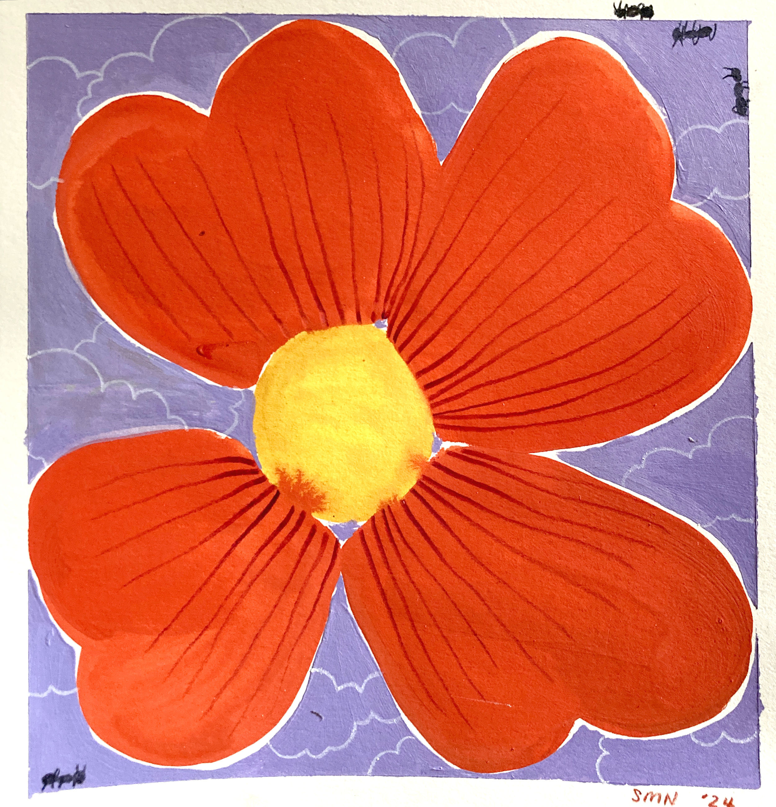 Red Flower with Ants, gouache on paper 2024