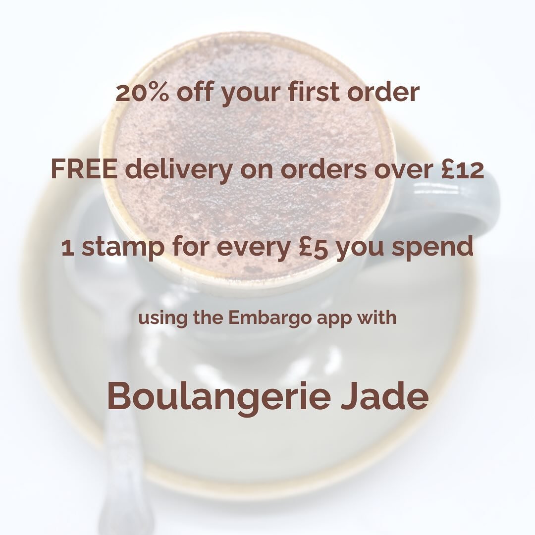 Have you downloaded the @embargoapp yet? 

Take advantage of this introductory discount and start earning rewards today! 

Need a delivery? Don&rsquo;t stress, have your favourite Boulangerie Jade treat delivered for FREE when your order is over &pou