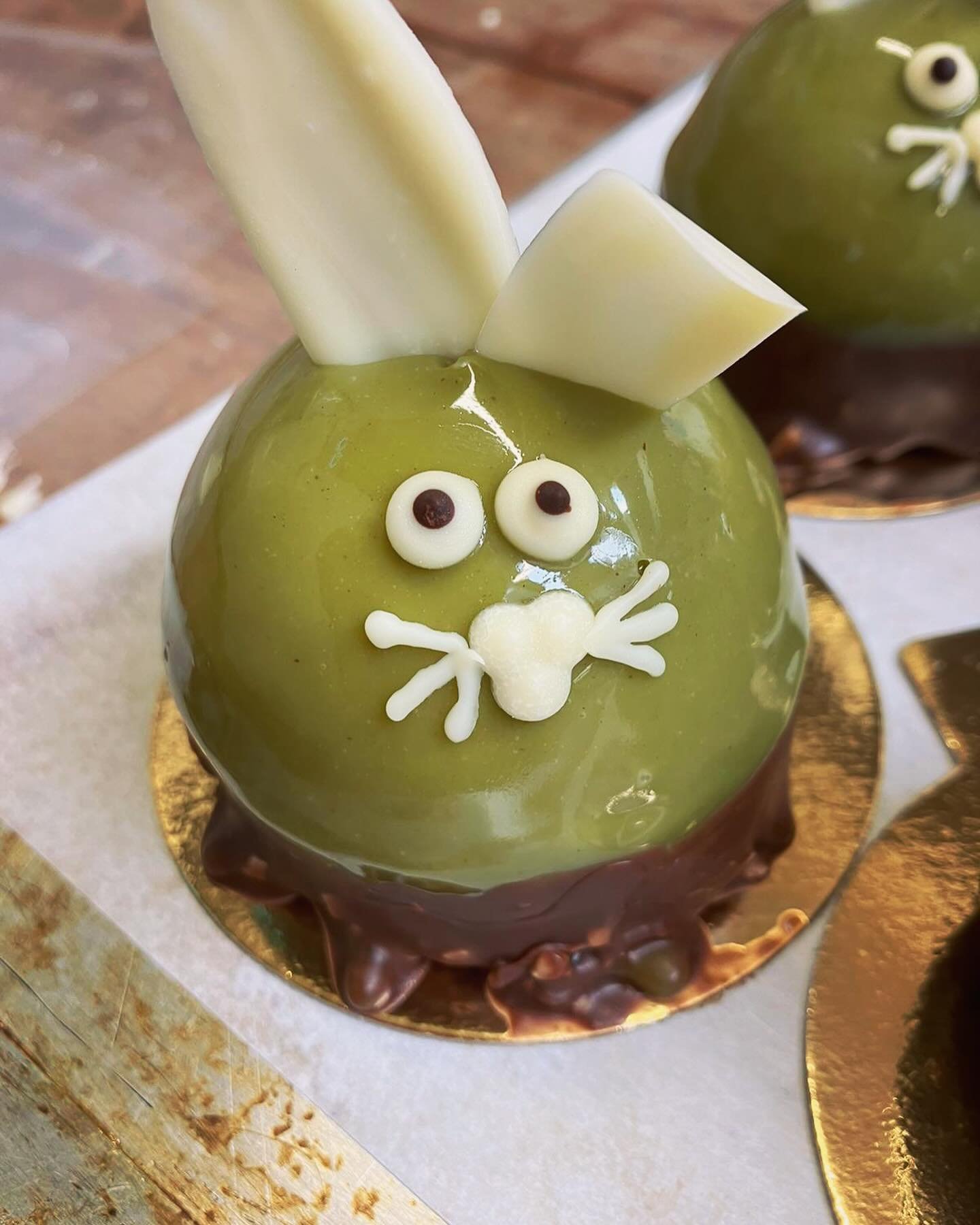 Happy Easter from Boulangerie Jade! 🐣 

Want to try these guys? 🐰

Pistachio mousse rabbit with chocolate fudge sponge (GF), dipped in almond chocolate and only &pound;5.60! 😍

We&rsquo;re open 8-5 Easter Sunday and Monday. Come and grab a treat! 