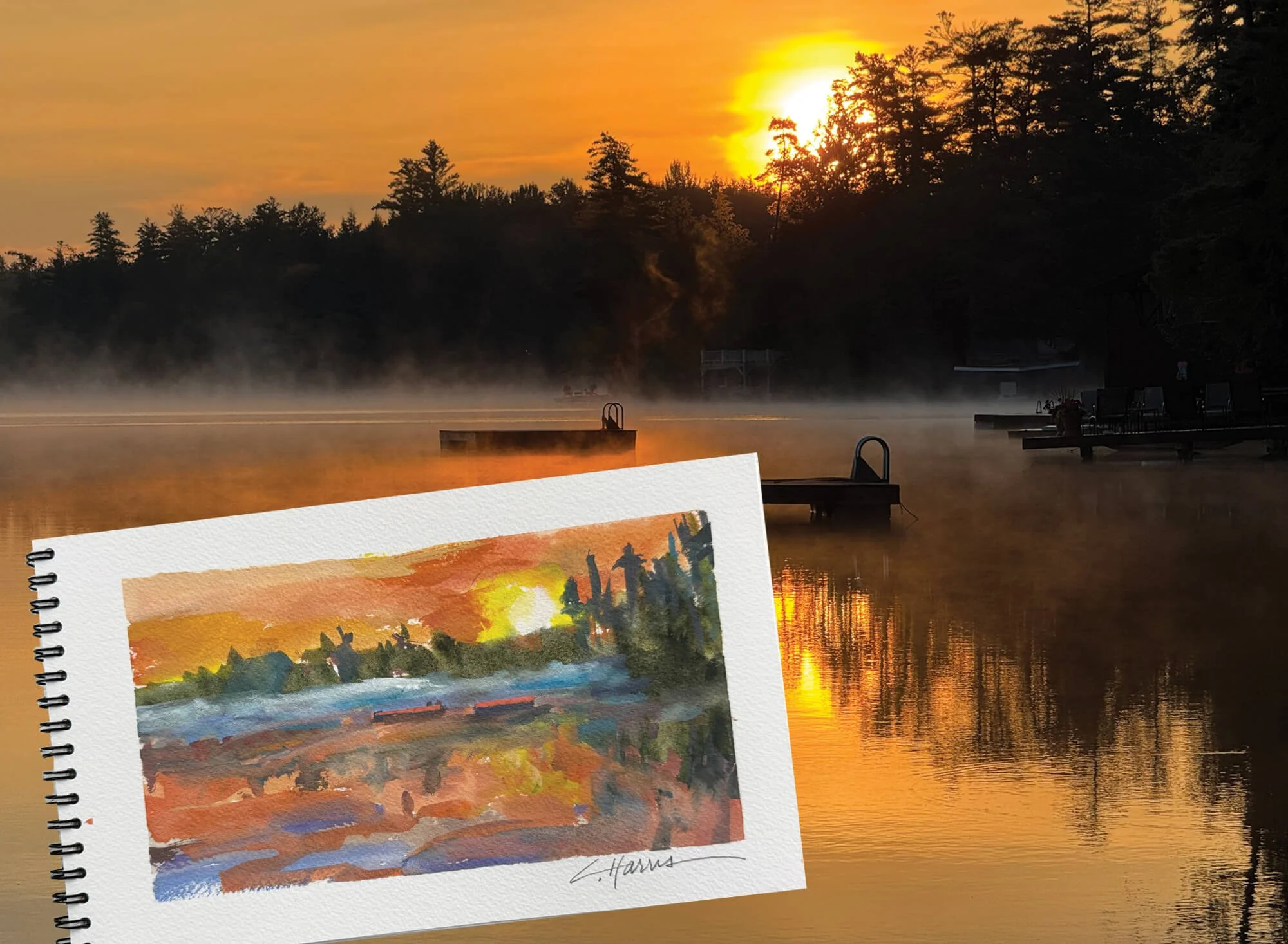 painting of fiery sunrise over Brantingham Lake in the Adirondacks
