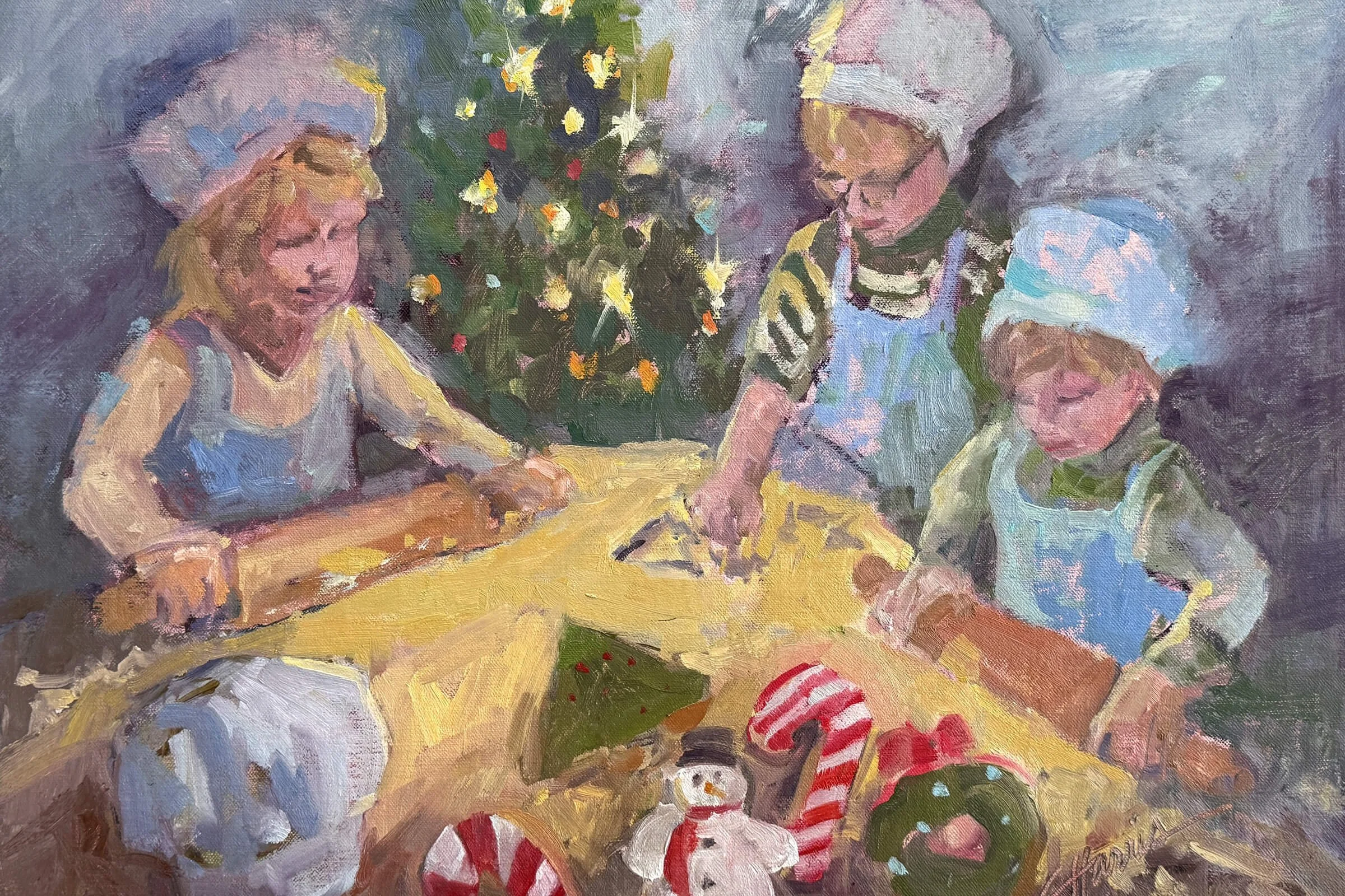 oil painting of three children baking Christmas cookies