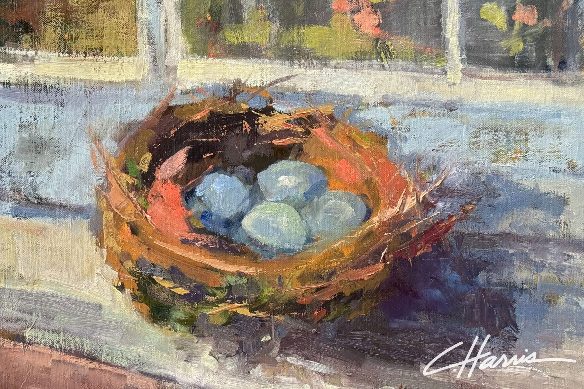 oil on canvas painting of robins egg birds nest on window sill