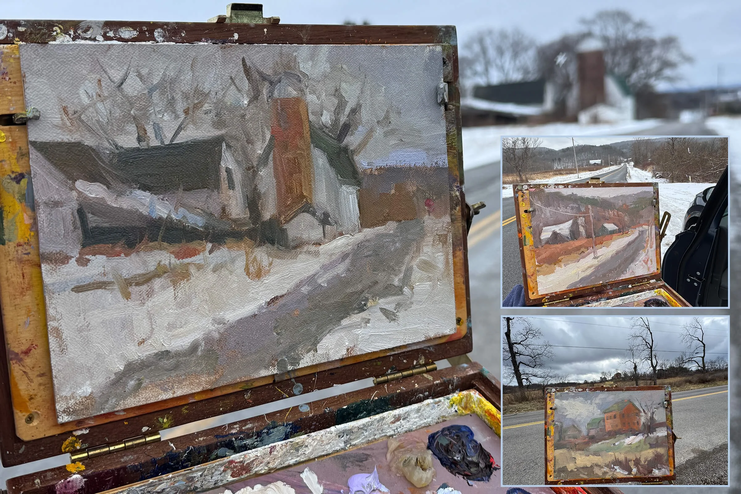 easel set up on wintry roadside with plein air painting of barn on it