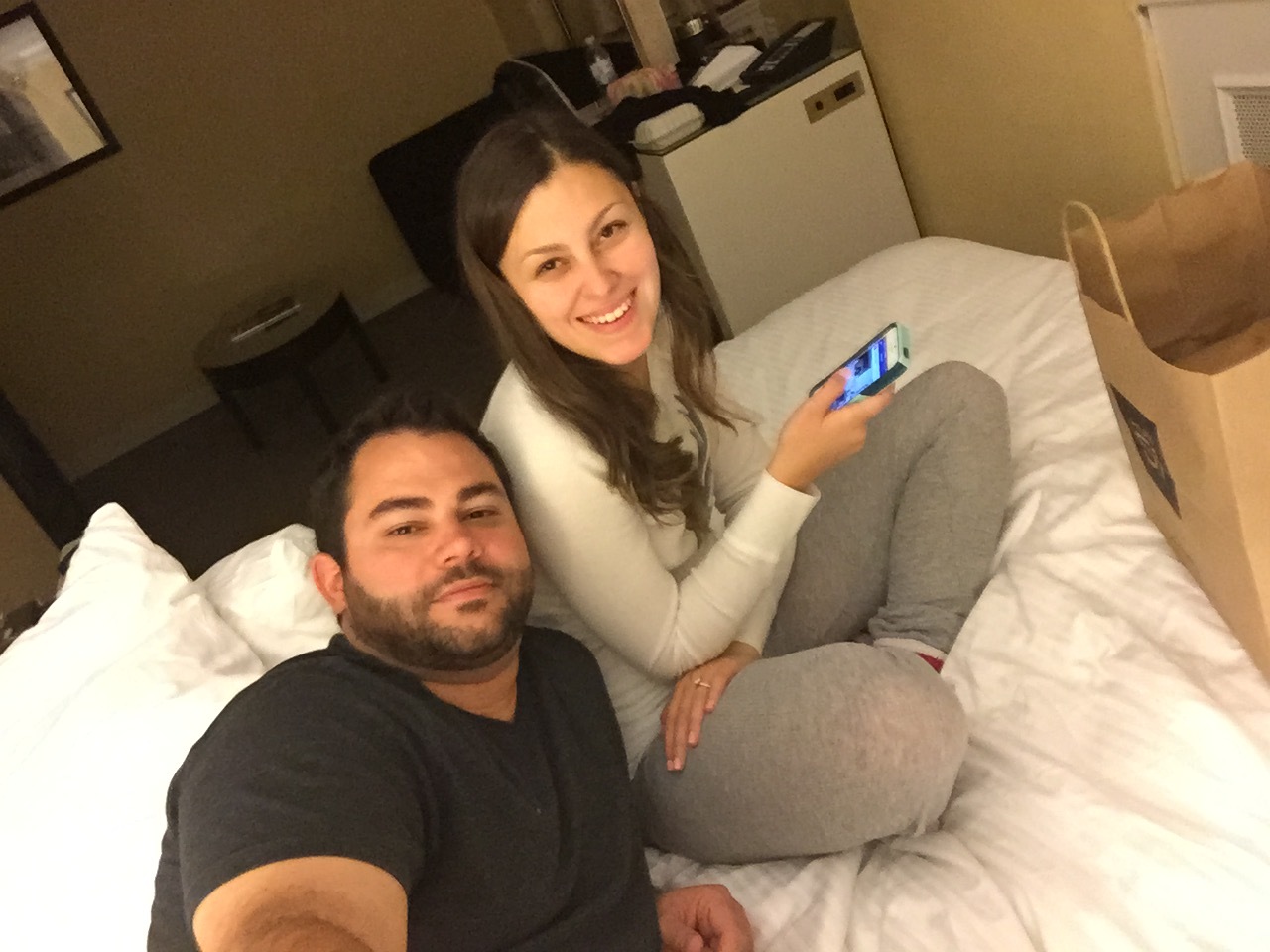 The bed in the hotel room where we got engaged!