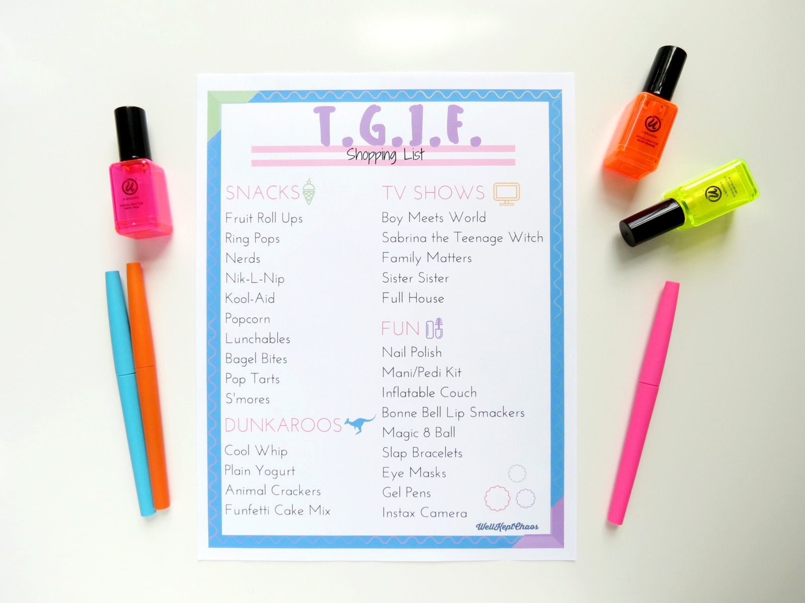 TGIF, AMIRITE GUYS?! WANT TO HOST YOUR OWN TGIF 90'S THEMED SLUMBER PARTY? CLICK FOR MORE PHOTOS, A SHOPPING LIST, AND FREE PRINTABLES!