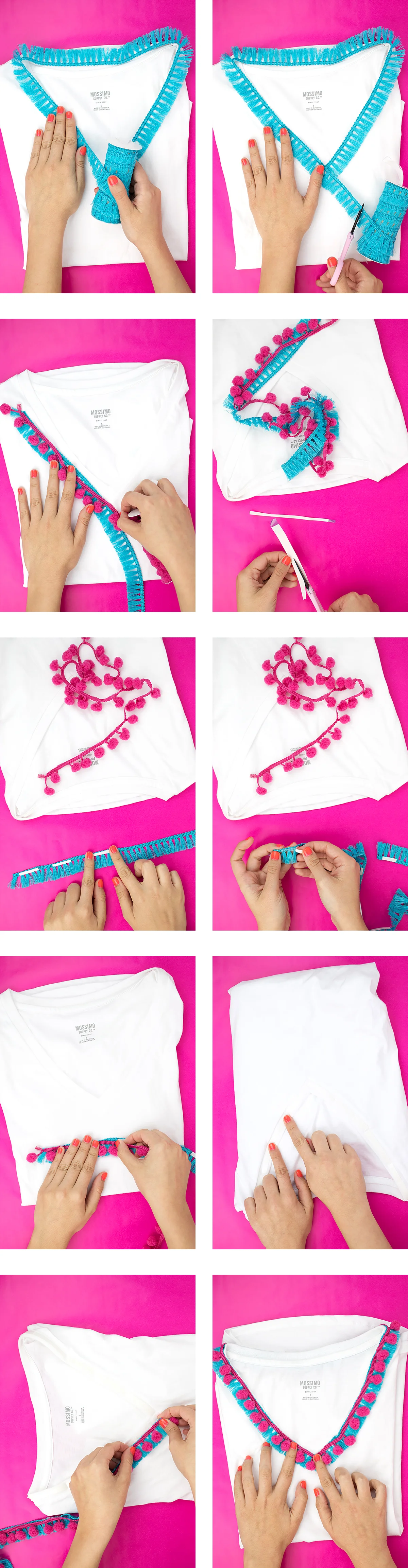 T-shirts are my go-to fashion choice, because of how easy and versatile they are. This no-sew embellished t-shirt features some of our favorite things- tees, tassels, and pom pom trim!