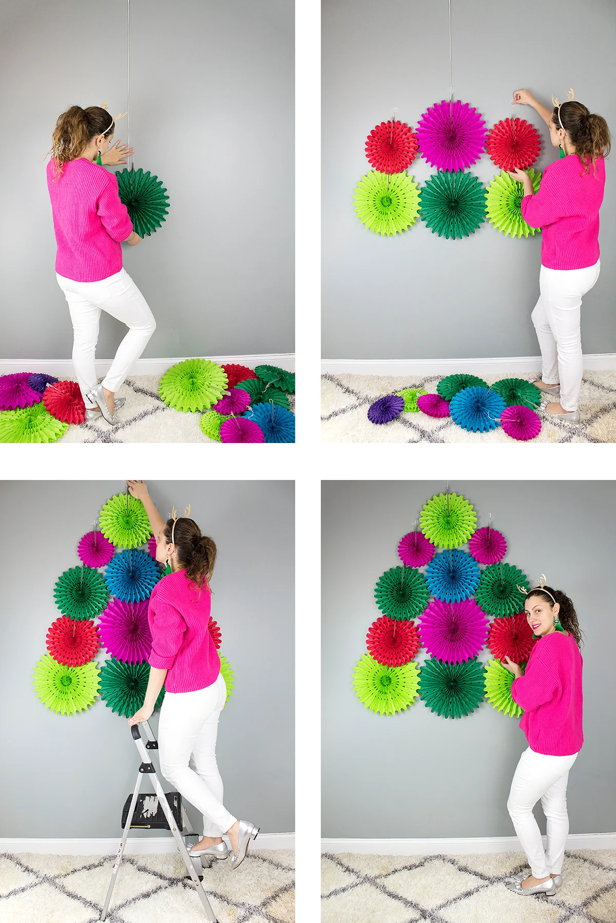 This DIY backdrop only takes a few minutes to put up, and it can be used again and again. It would look really cute starting lower and being a photo prop or even as a Christmas tree alternative for a small space. #paperfans #partybackdrops #christmastreealternative