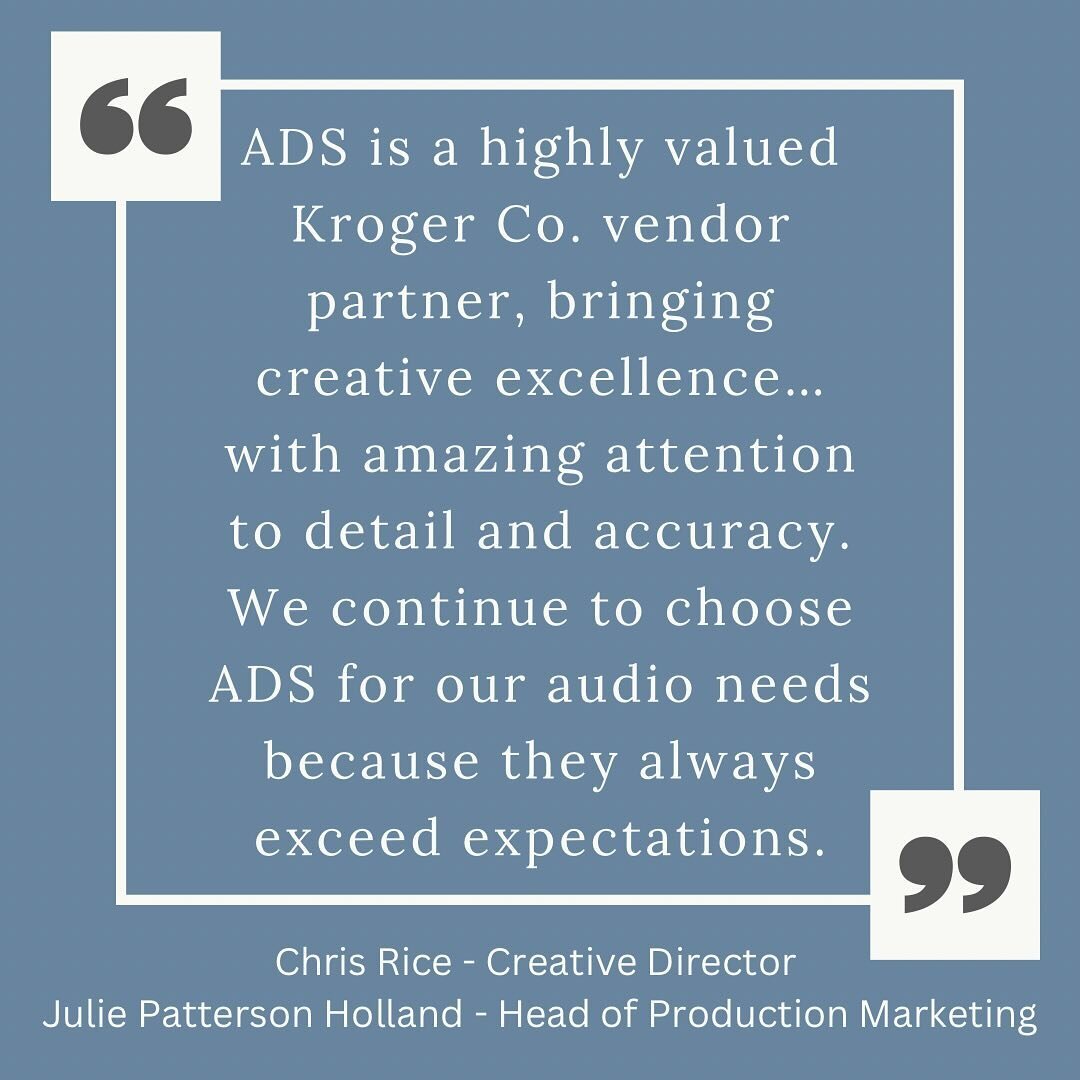 ADS Recording has been working with the Kroger Company for well over 20 years! Thank you Chris &amp; Julie for sharing your experience with us.

#audio #audiopostproduction #postproduction