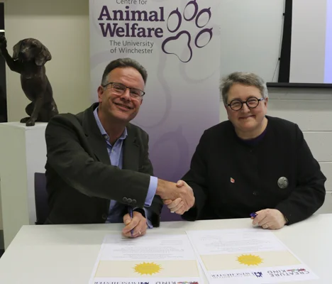 CreatureKind Founder, David Clough, with Professor Elizabeth Stuart, Deputy Vice-Chancellor of the University of Winchester. The University of Winchester was the first institution to sign the CreatureKind Commitment.