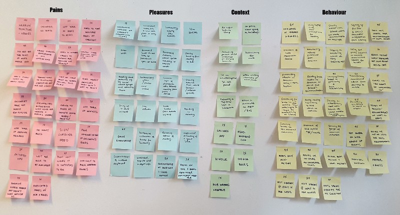 Affinity diagram based on 4-list method (pains, pleasures, context and behaviour).