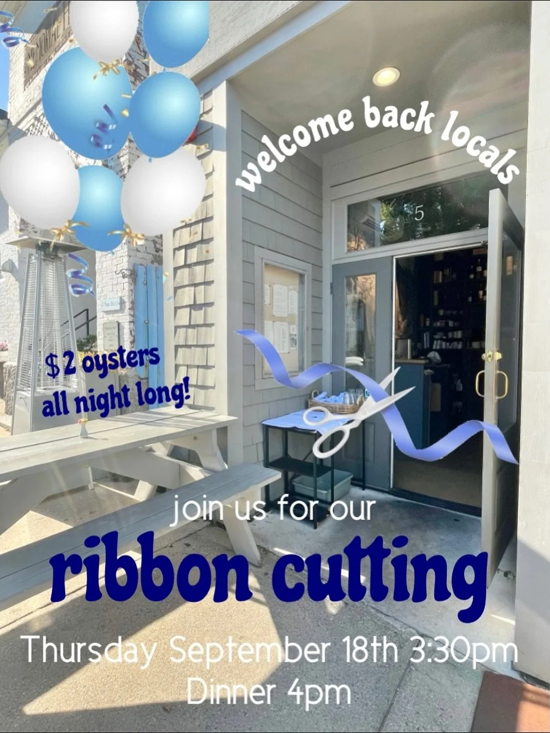 We wanted to save our grand reopening with the new ownership until after our busy summer season where we can welcome back and celebrate with our local community!🩵

Please join us for our ribbon cutting on Thursday, September 18th at 3:30pm!

Dinner 