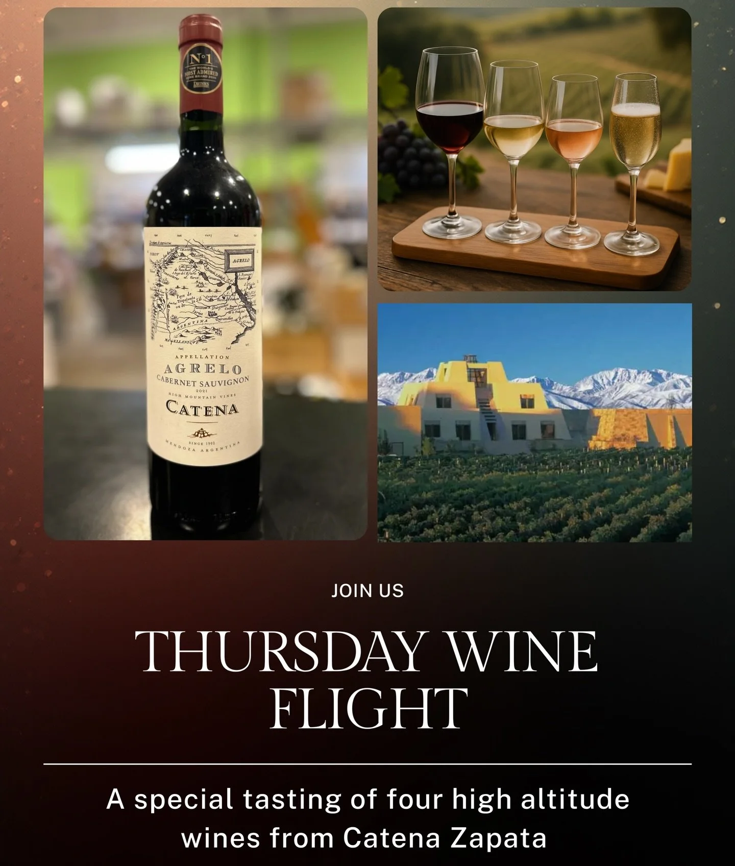 Our weekly wine tasting flight is on Thursday this week!🍷 

We will have 4 wines to taste from legendary Argentinian winery, Bodega Catena Zapata.
Plus a chef&rsquo;s special to pair perfectly with your wine flights!

Book your reservation now! (lin