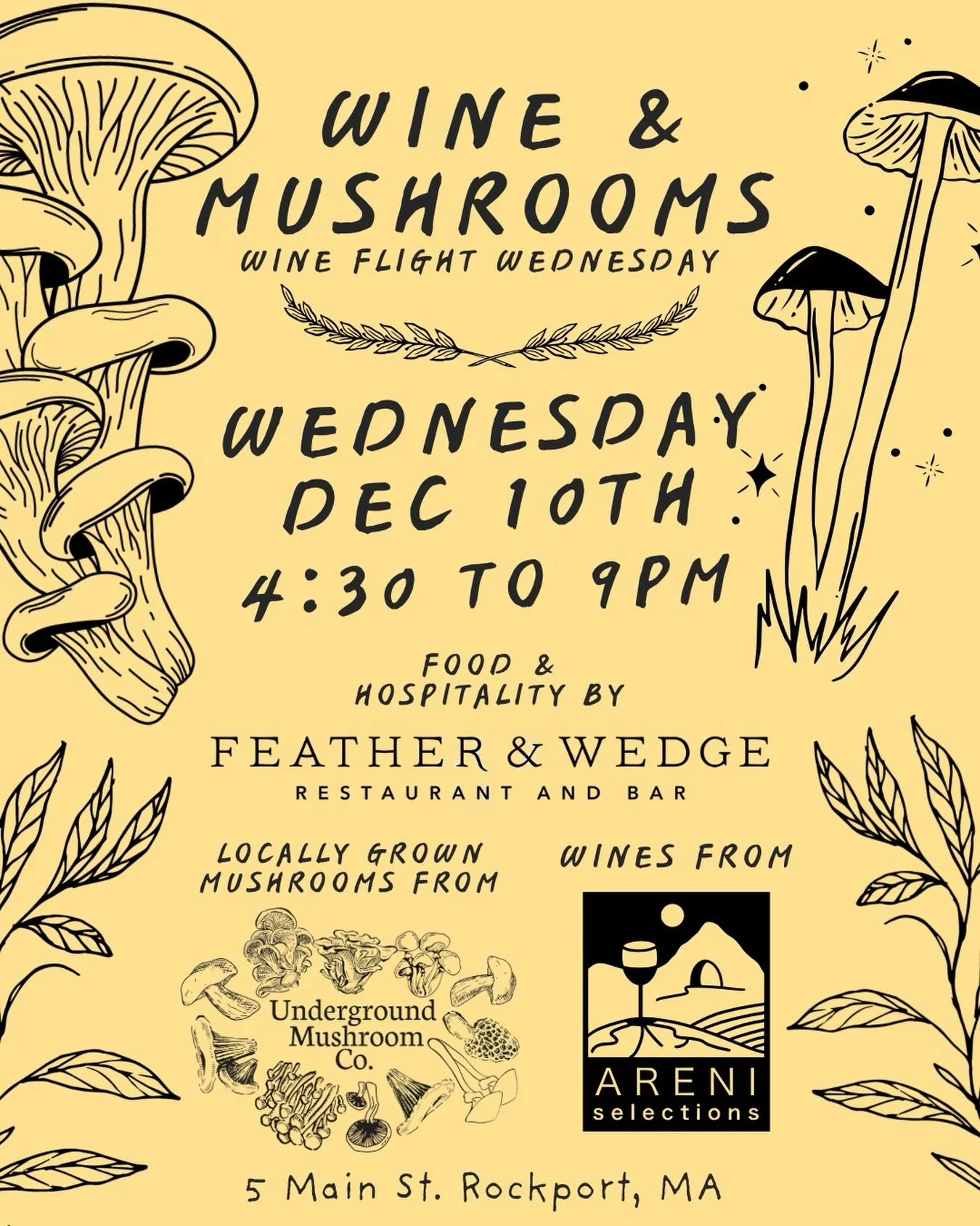 Join us tomorrow for our weekly wine tasting flight!🍷 

This week is a very special collaboration with @areniselections wines and @undergroundmushroom.co mushrooms!🍄&zwj;🟫

We will have THREE mushroom forward chef specials that pair perfectly with