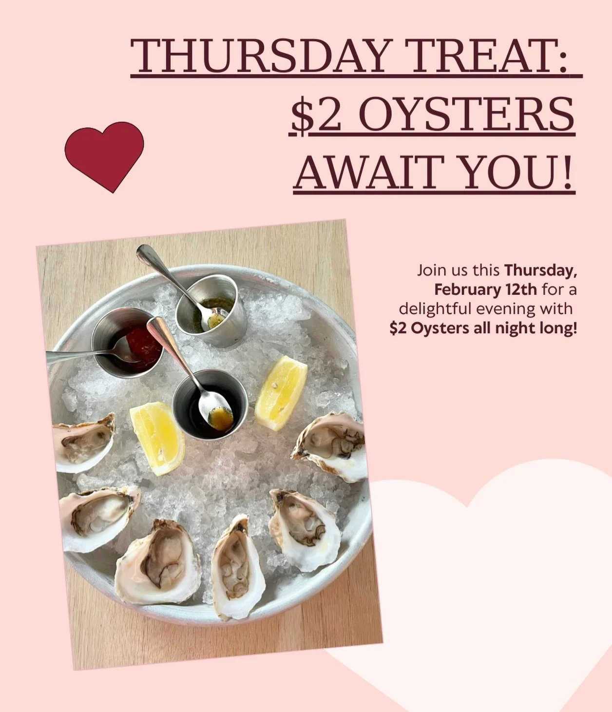 Two buck shucks one night only!🦪

Open 4:30-8:30pm tonight!