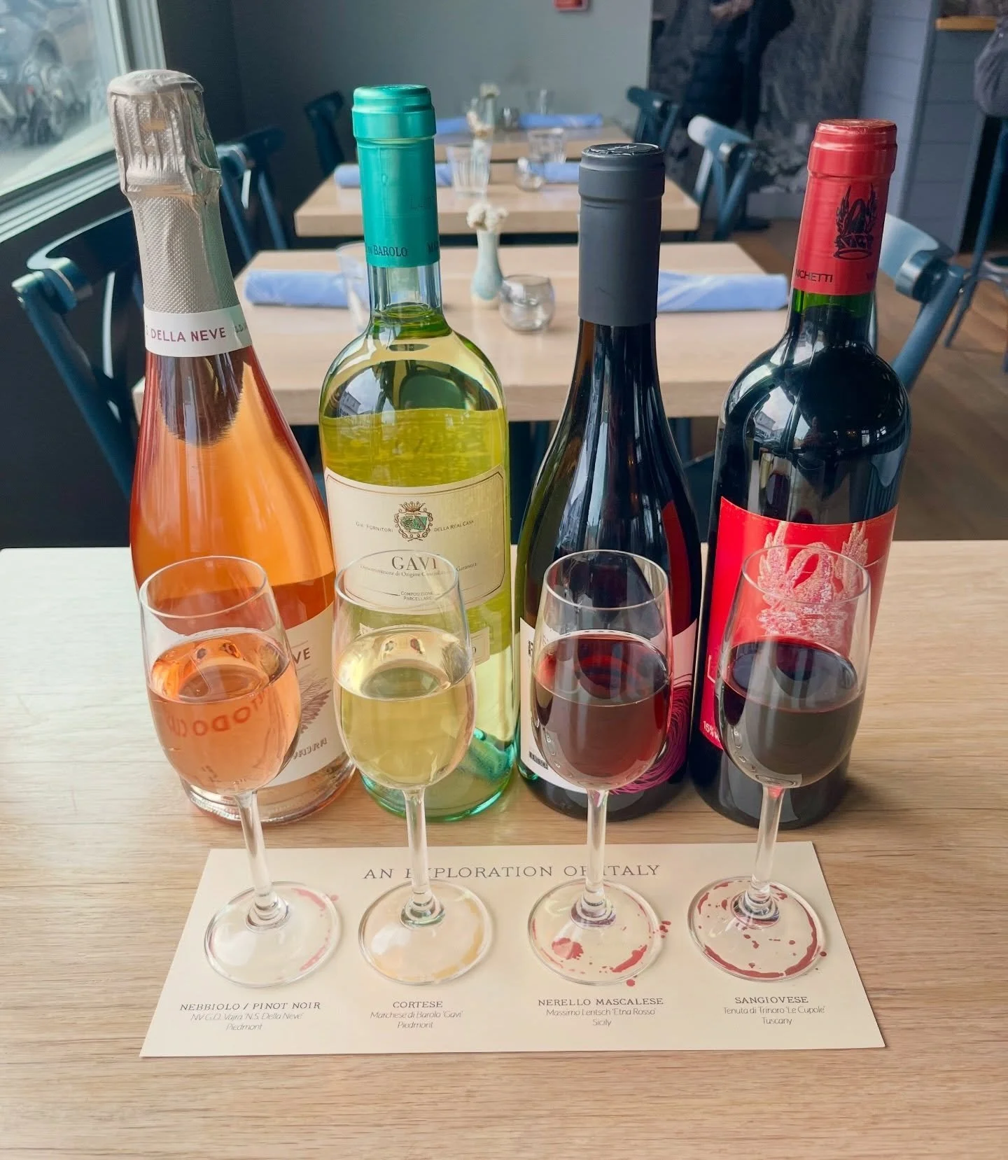 Join us today as we travel through Italy&rsquo;s diverse wine regions-no passport required!🍷

Taste 4 wines from Piedmont in the north, to Tuscany, and to Mt. Etna in the south🌋

Our chef&rsquo;s special tonight will pair perfectly with your wine f