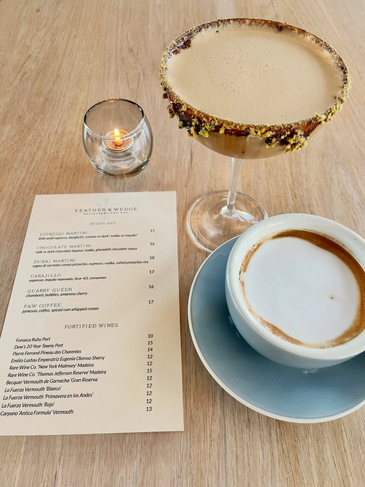 Our liquid dessert menu featuring the Dubai martini!🍸🍫 

Crema pistachio liqueur, espresso, vodka, and a salted pistachio rim💚