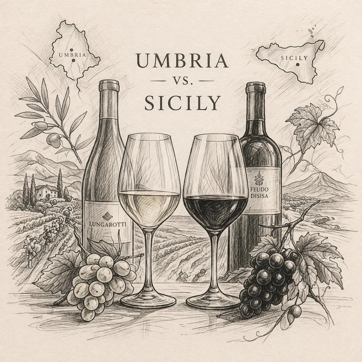 Our wine flight this Wednesday is a tour through southern Italy! Umbria vs Sicily wines🍷

In Umbria, Lungarotti has hillside vineyards, and tempered seasons. Across the water, Feudo Disisa embraces Sicily&rsquo;s elements: sun, wind, and wide open l