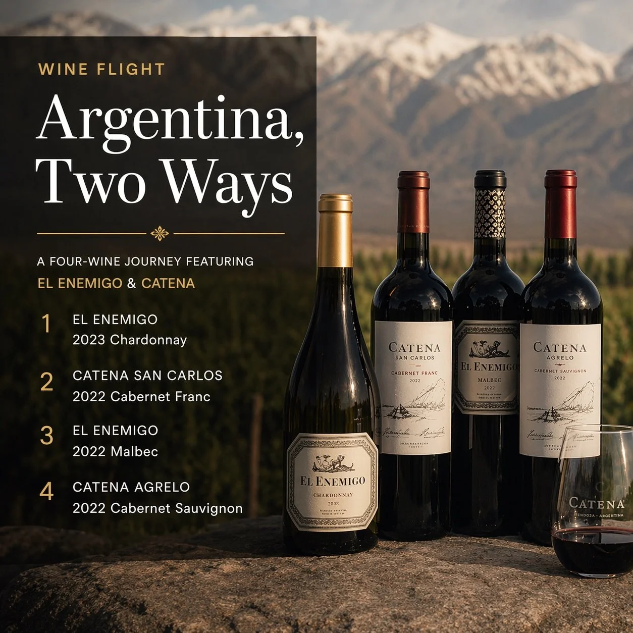 Join us today as we taste Argentina two ways! 

Two iconic Argentine producers, four unforgettable wines🍷

We will also have a chef&rsquo;s special of provoleta with oregano, chimichurri and grilled bread which will pair perfectly with your wine fli