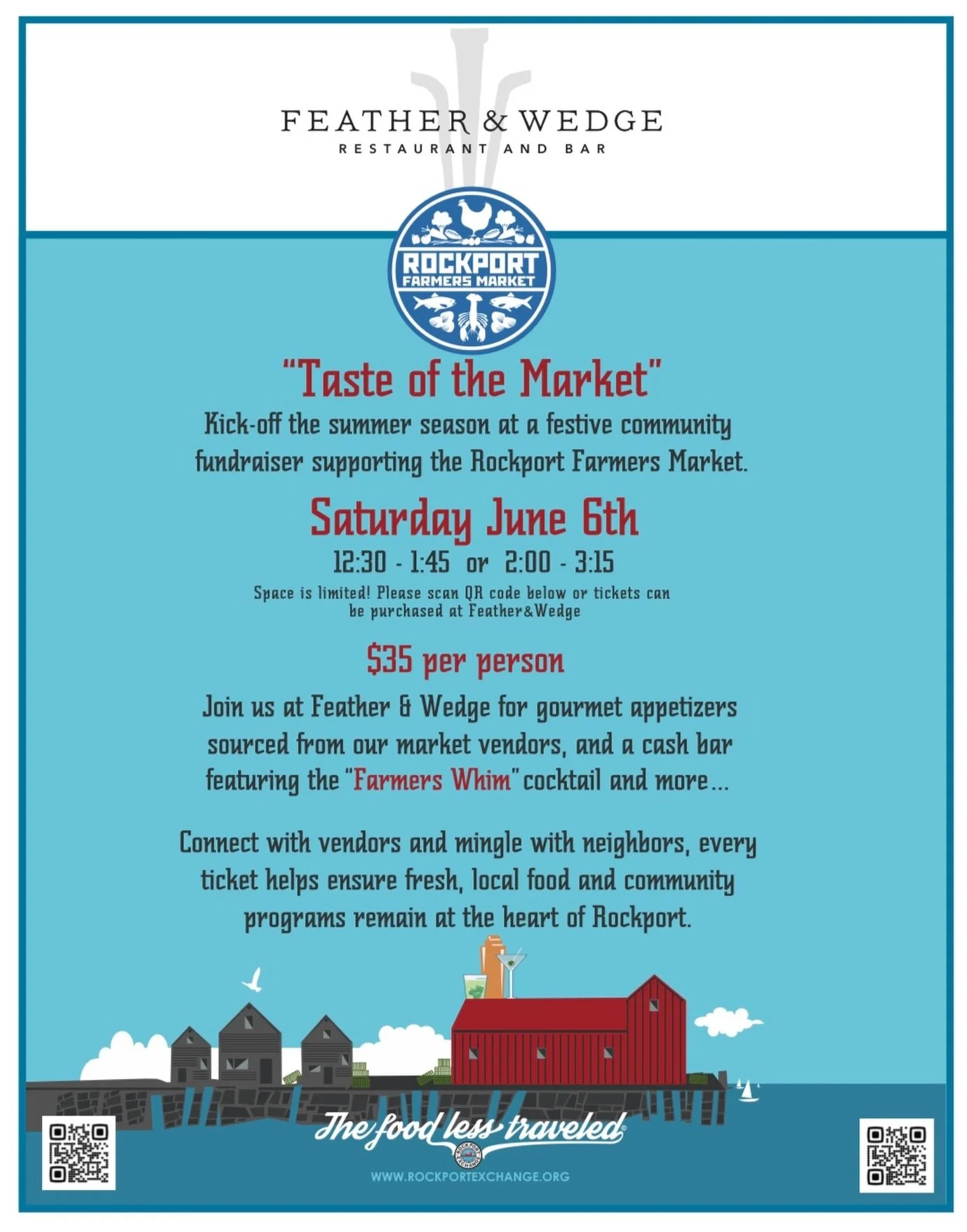 Join us June 6th for our first farm to table event! 

We are so excited to collaborate with the Rockport farmers market to bring you a &ldquo;taste of the market&rdquo;!We are serving appetizers from local vendors and sipping specialty cocktails like