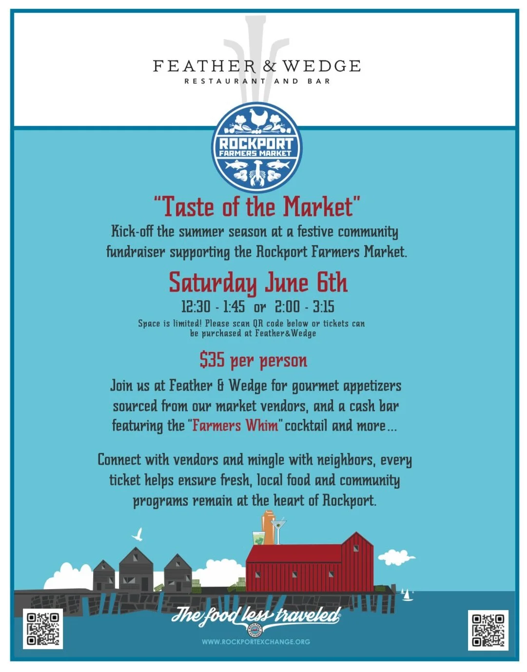 Join us this Saturday for our first farm to table event! 

We are so excited to collaborate with the Rockport farmers market to bring you a &ldquo;taste of the market&rdquo;! We are serving appetizers from local vendors and sipping specialty cocktail
