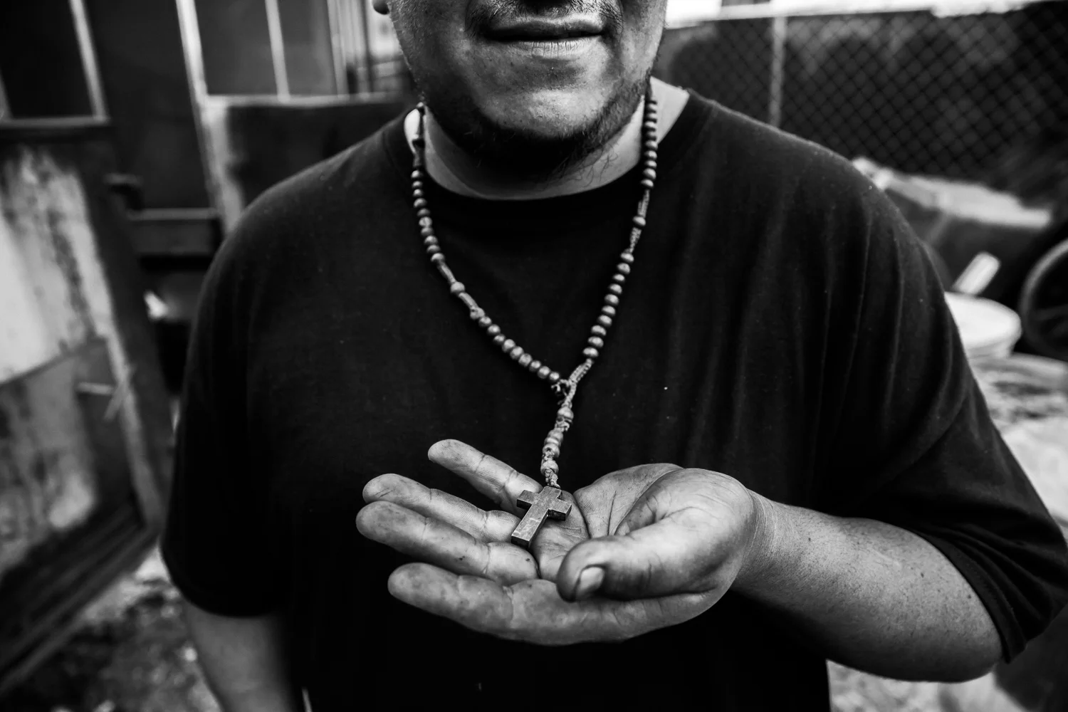 He can't remember where he got it. It holds no special story. He just feels that it's important to wear it every day. Francisco, La Barbecue, 14 May 2016, Austin, TX.