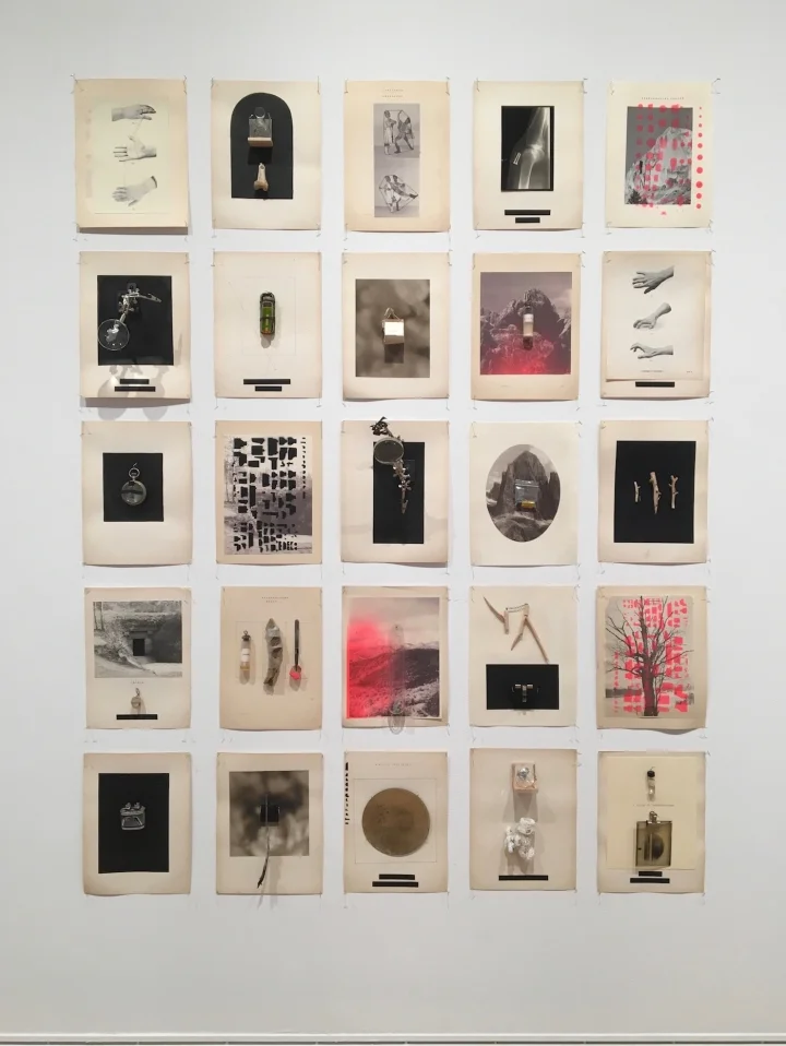Julie Wolfe, “Damage Control Observatory” (2017), found objects, digital prints and screen prints on found book pages