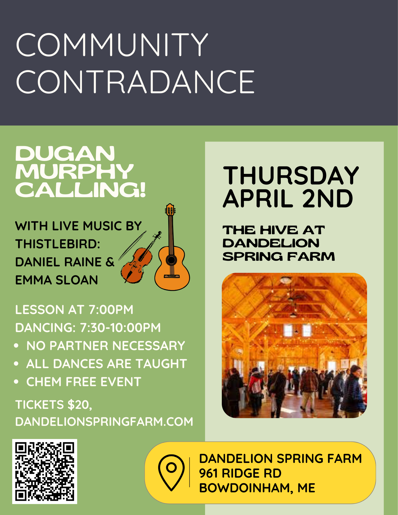 Flyer for April 2 contra dance in Bowdoinham