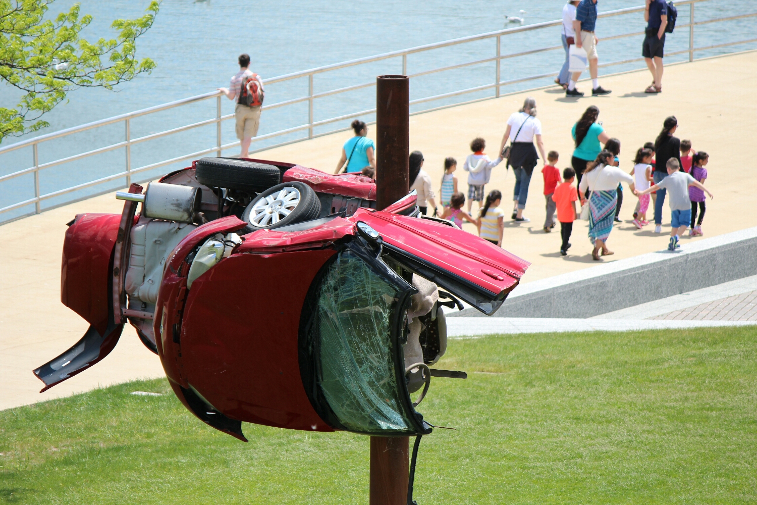Car crash art outside of museum