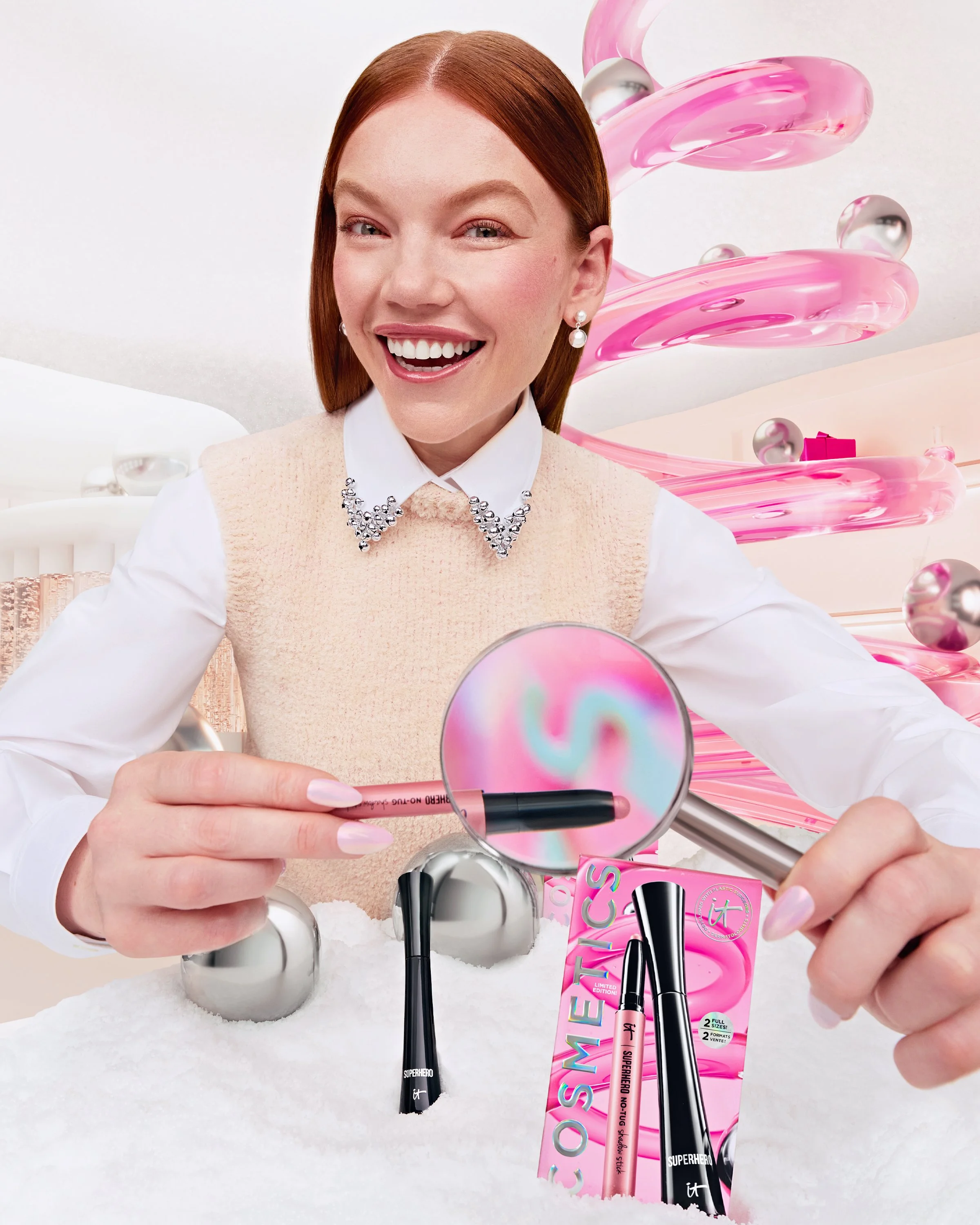 It Cosmetics holiday campaign new york beauty photographer los angeles cosmetic photography makeup fashion pink eyeshadow  skincare earrings lashes eyelashes top photographers lip macro lipstick gloss