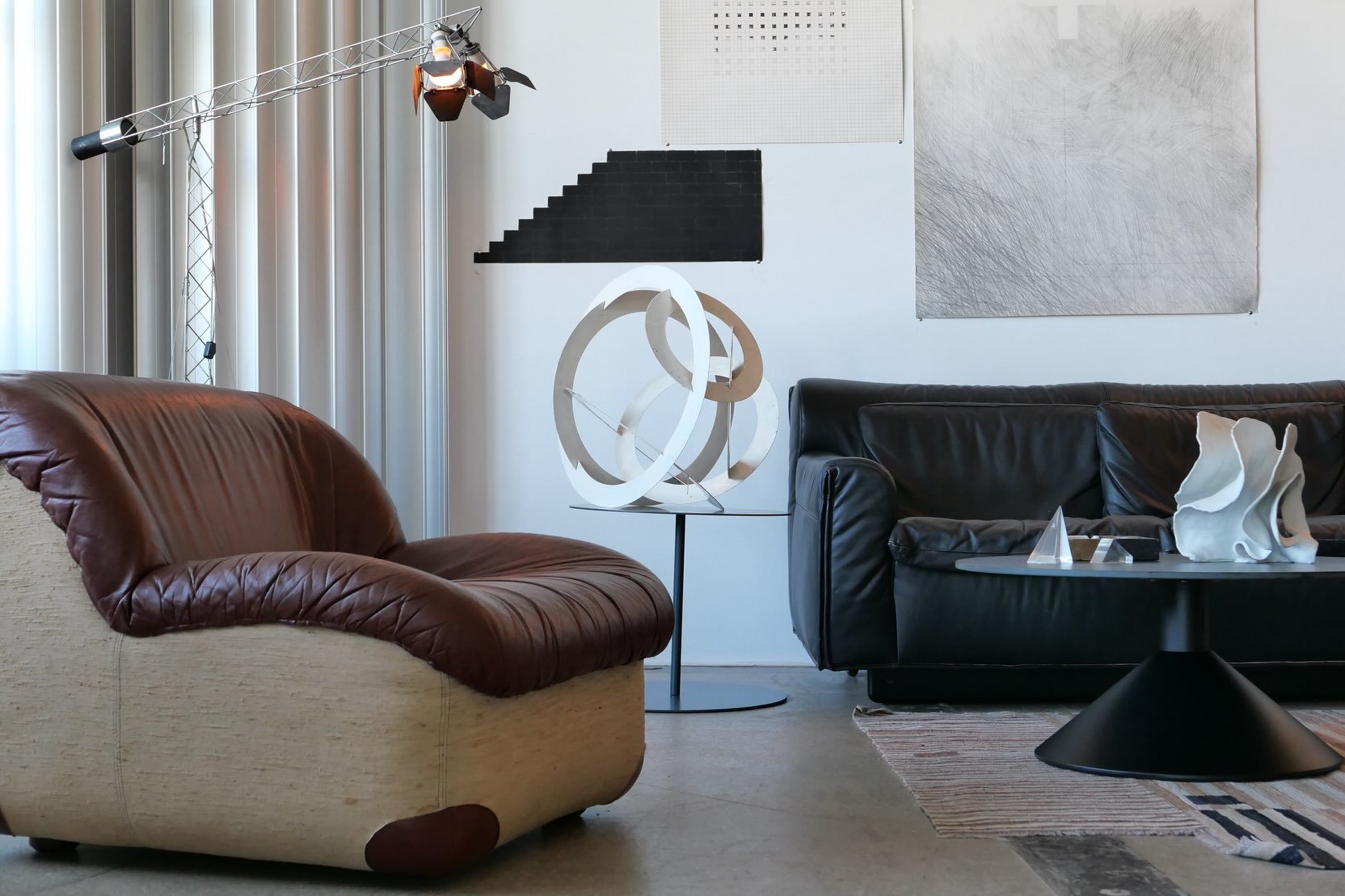((now available)) A pair of &ldquo;Caprice&rdquo; Lounge Chairs designed by Henning Korch for Swan Italia 1970s. (rich brown leather and natural woven canvas)