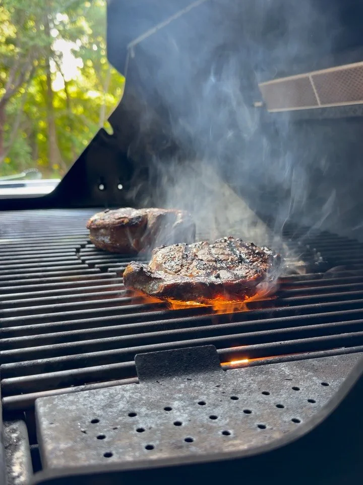 Sunday means #TriscuitTime with the folks and that means steaks! While Dad is able to get the Summit fired up, these days he leaves the grilling to me. So far, he has yet to complain! I love these nights.