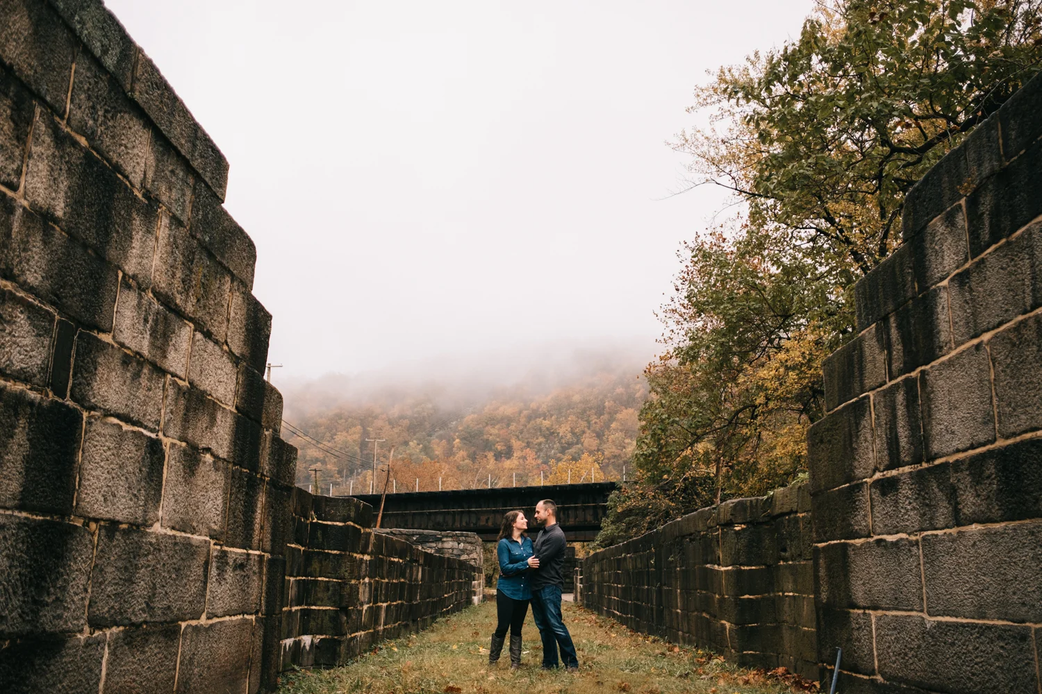 Foggy autumn harpers ferry engagement photo