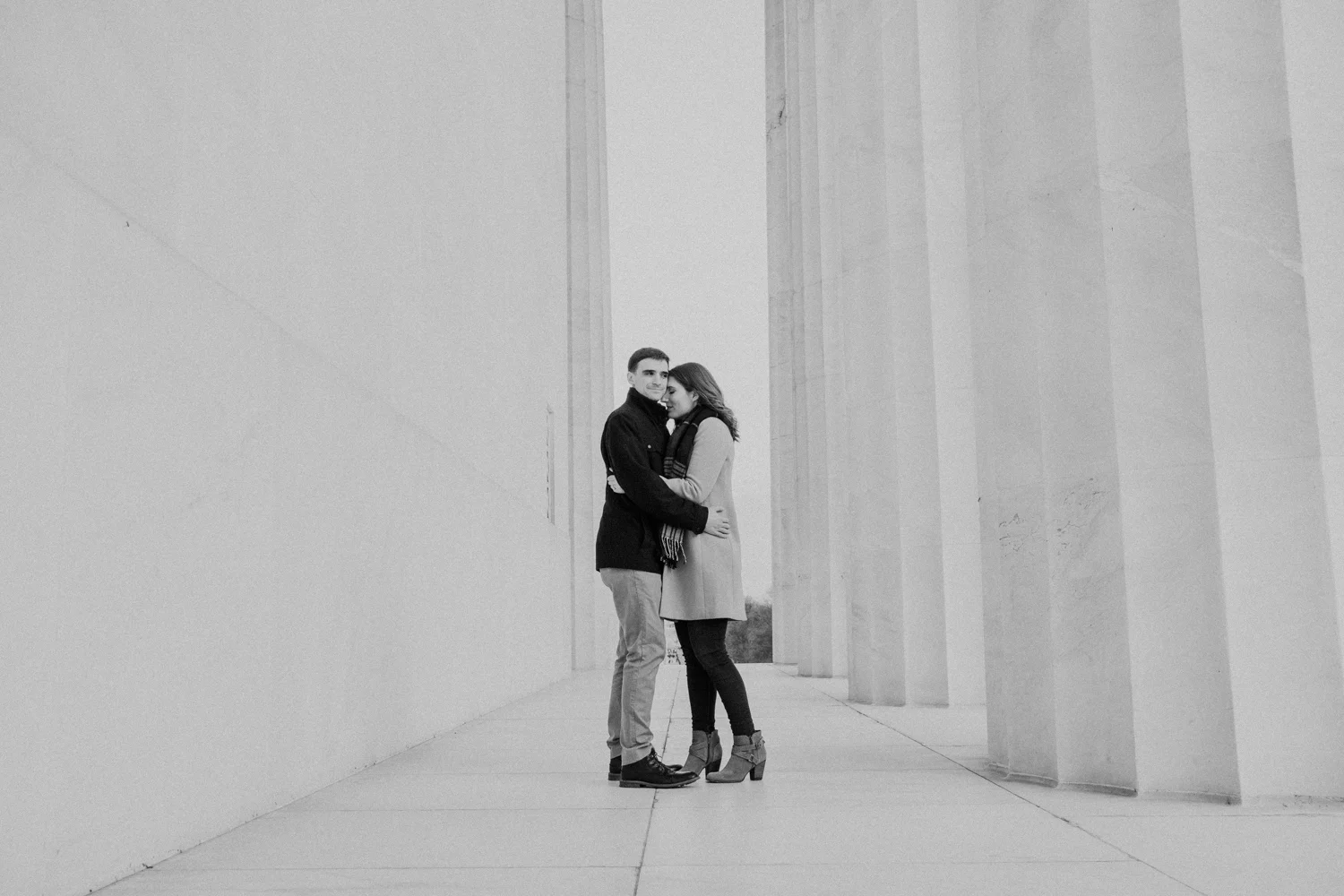 black and white lincoln memorial columns engagement
