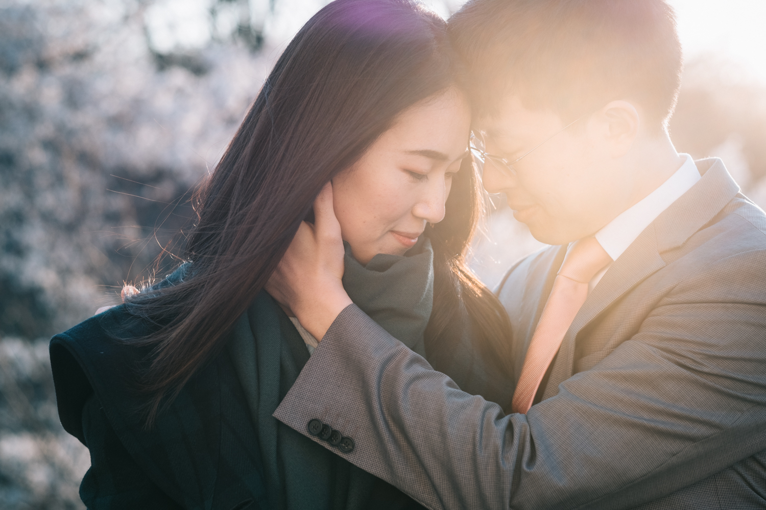 Cherry Blossoms Sunset Engagement Photos