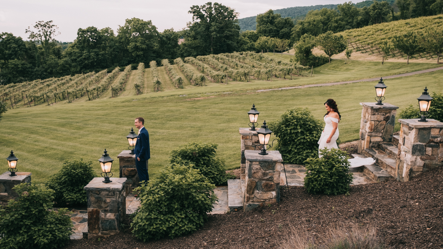 the stables at bluemont vineyard wedding first look on steps