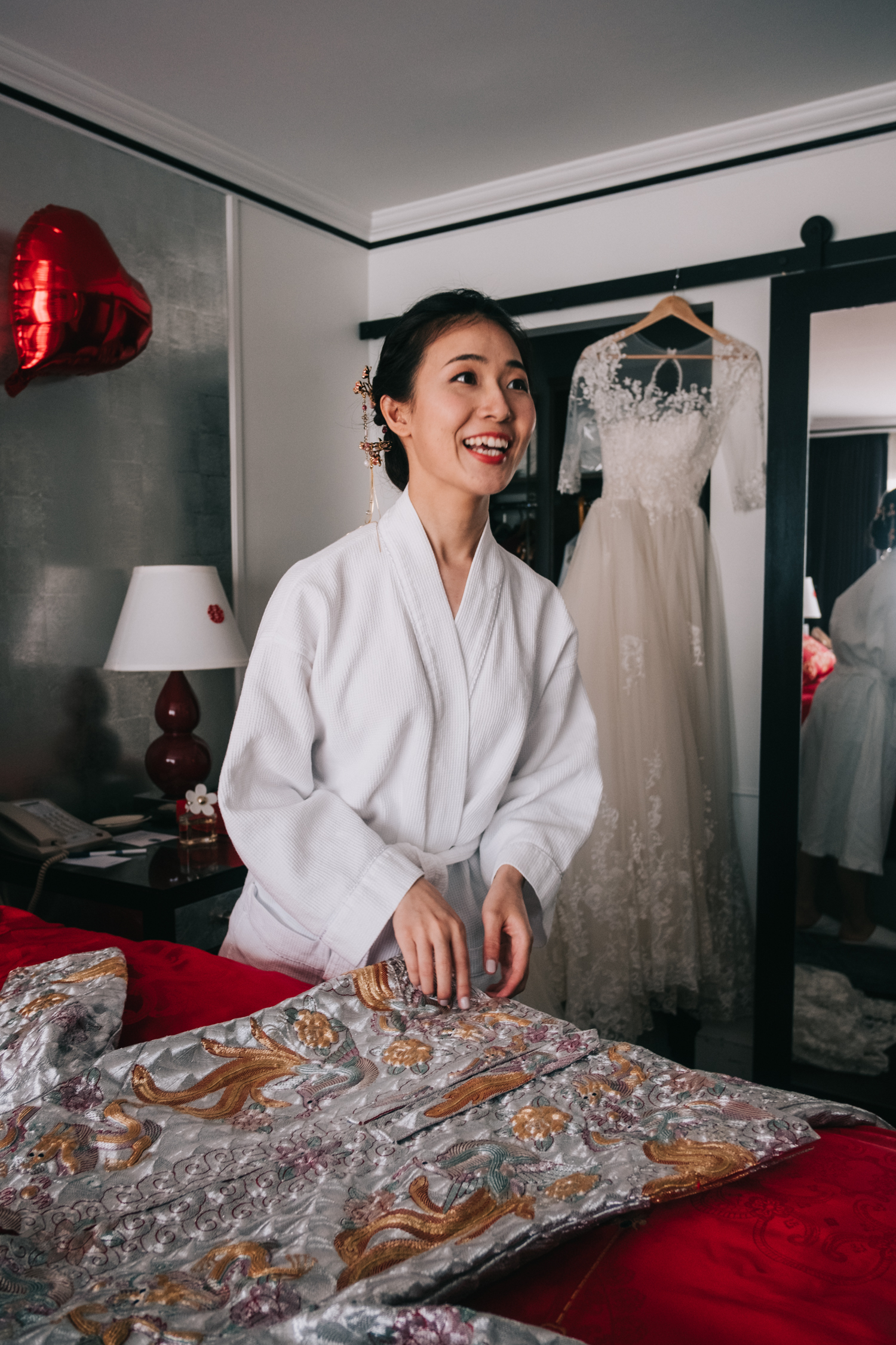 Bride getting ready for Chinese Tea Ceremony at DC Hotel